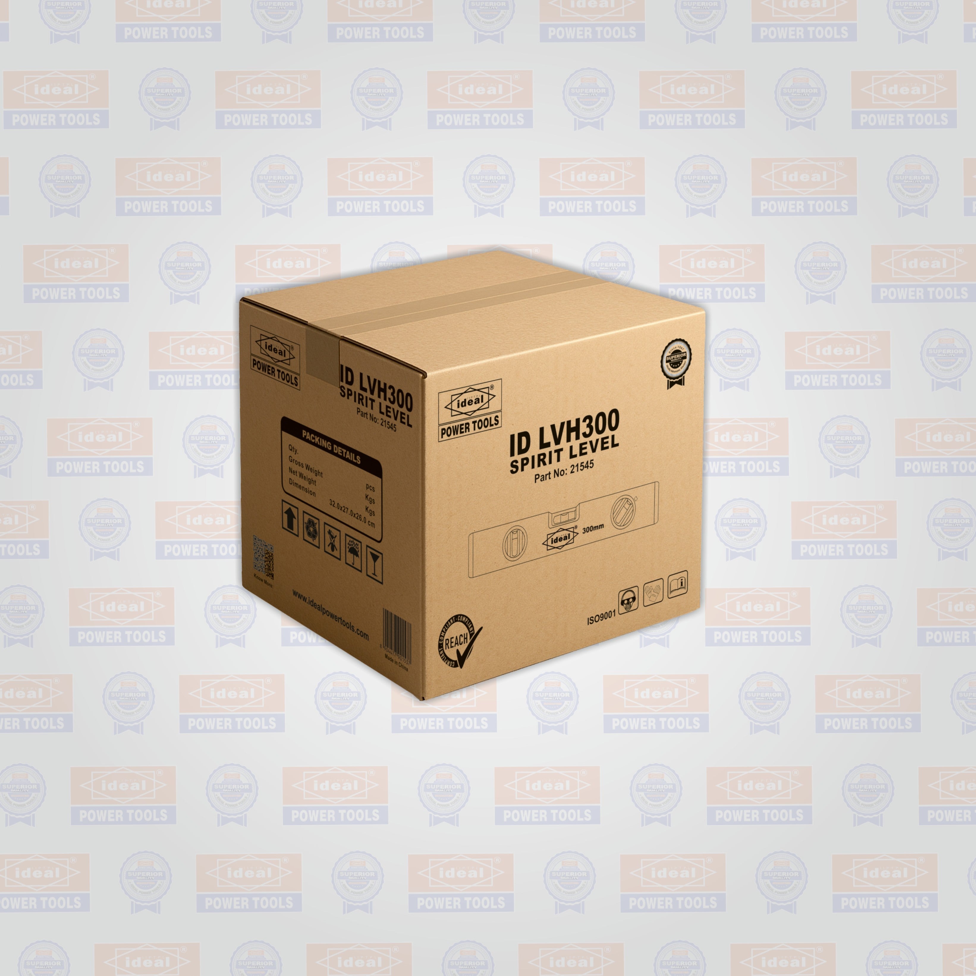 Cardboard box with 'ID LVH300 Spirit Level' on a patterned background