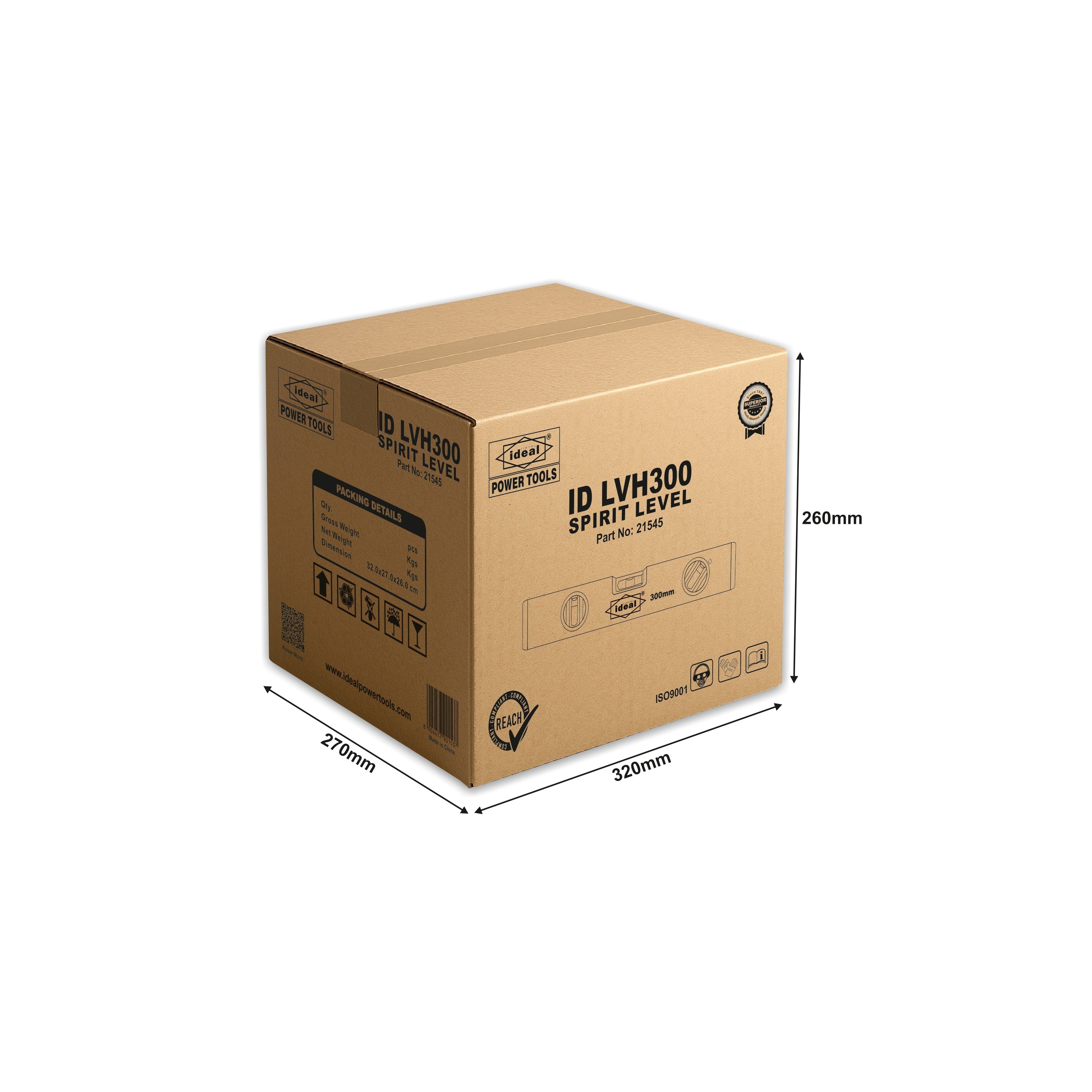 Cardboard box of 12-inch spirit level tool with dimensions labeled on a white background