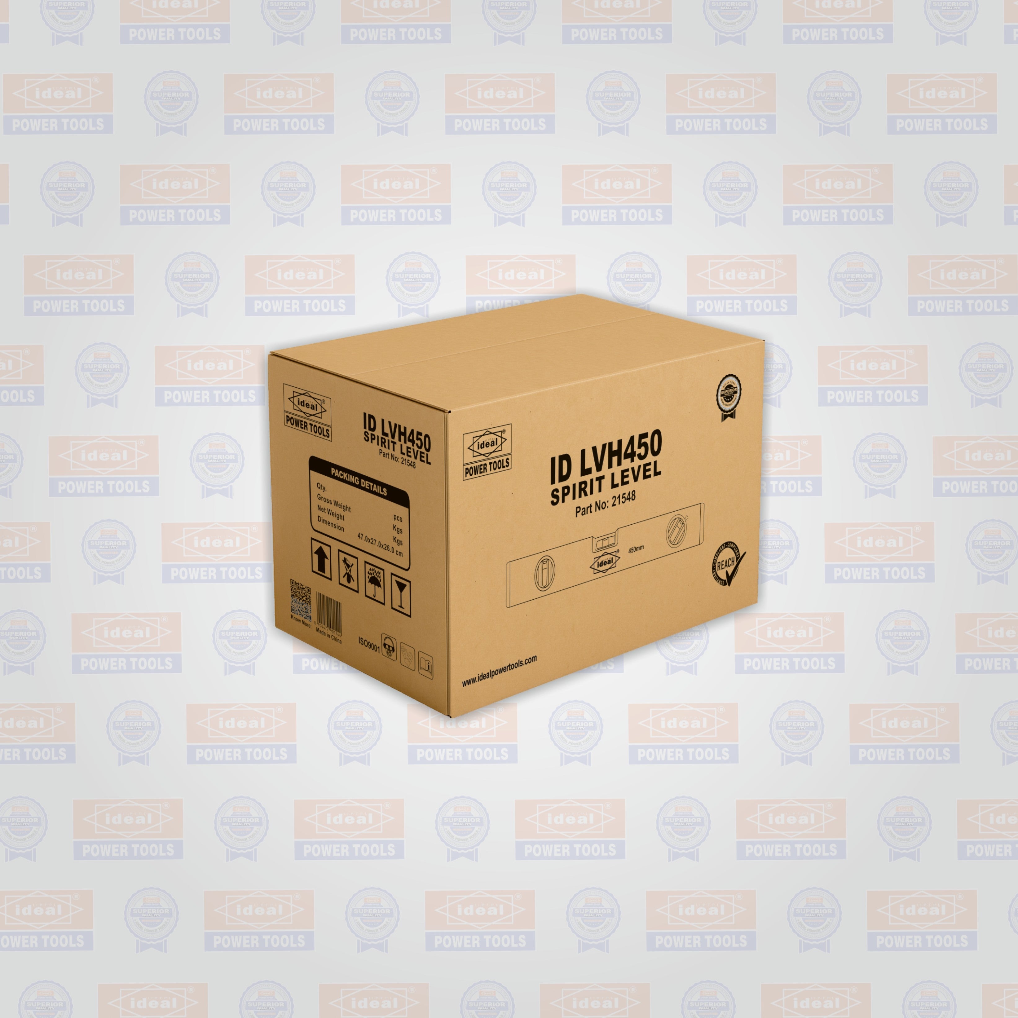 Cardboard box of 18-inch spirit level with product details on a patterned branded background