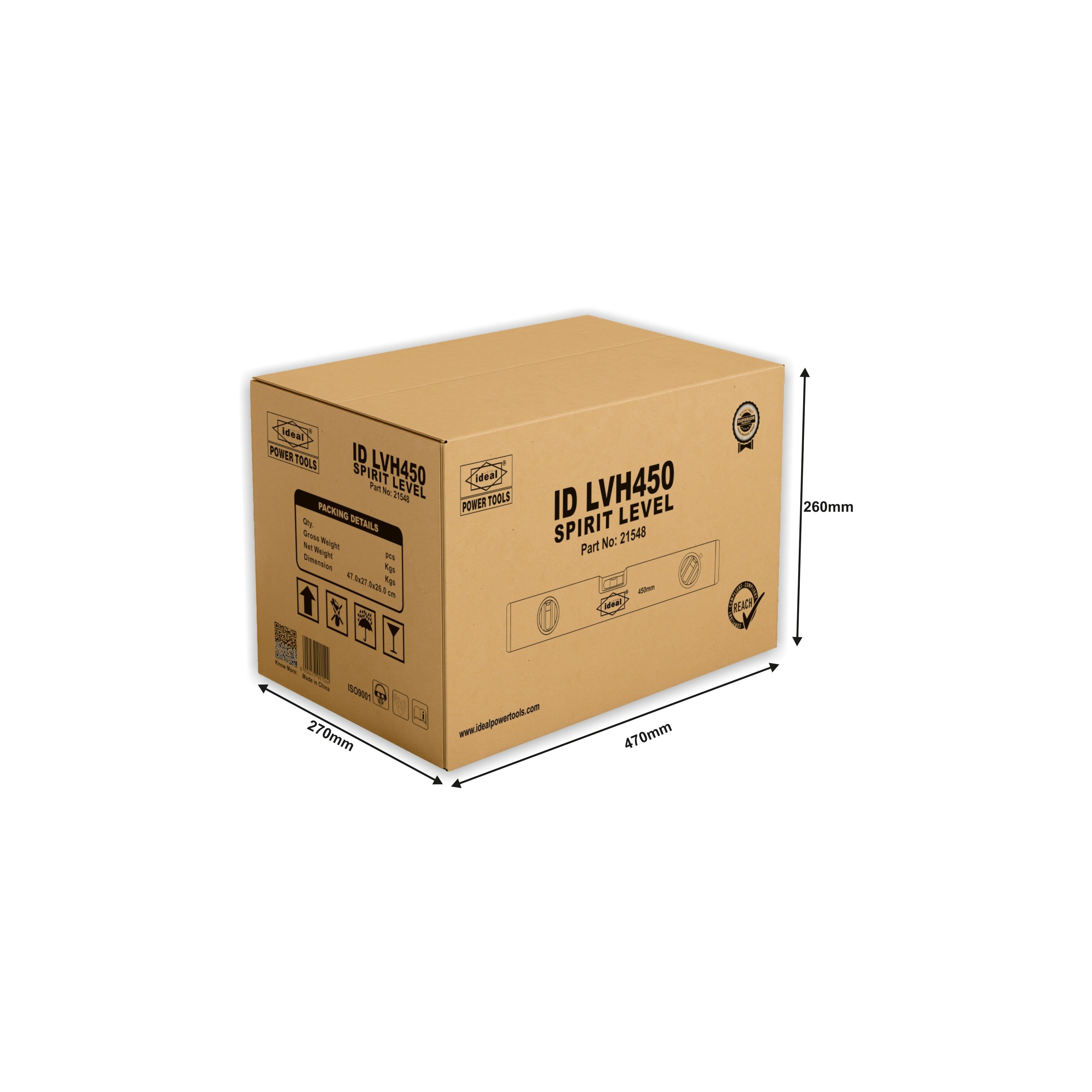 Cardboard box of 18-inch spirit level with dimensions and product details on a white background