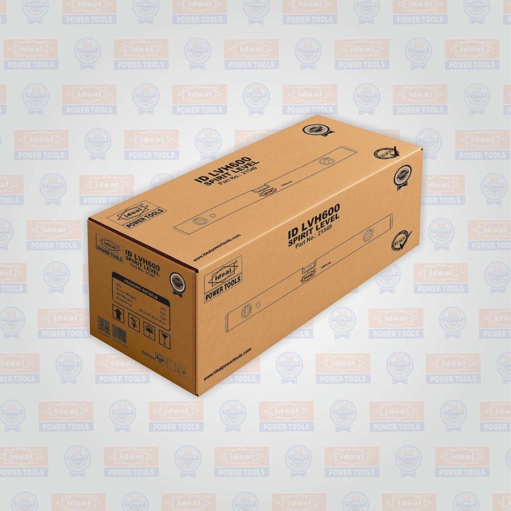 Brown cardboard box with 24-inch spirit level, branding on a light gray background