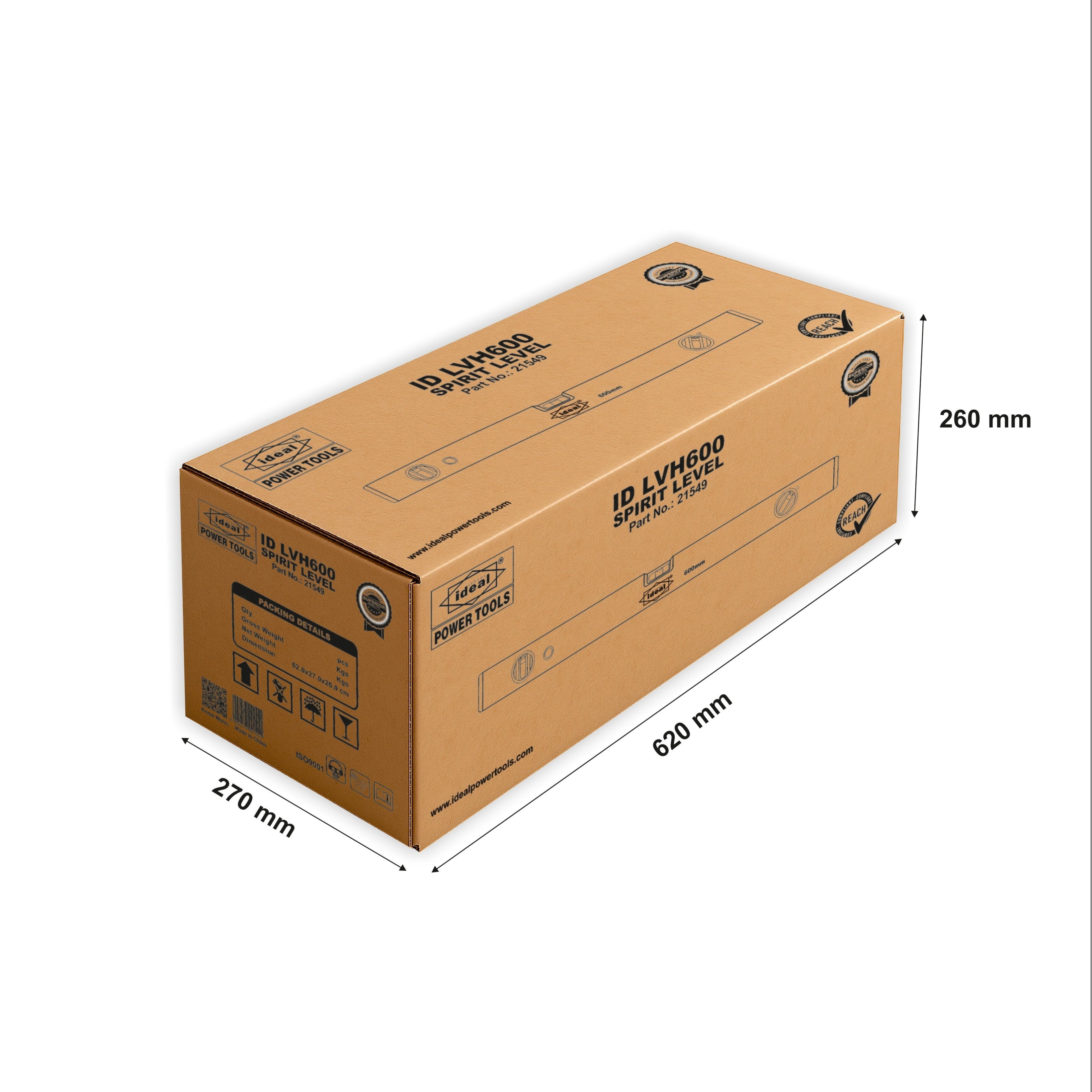 Cardboard box of 24-inch spirit level with dimensions labeled on a white background