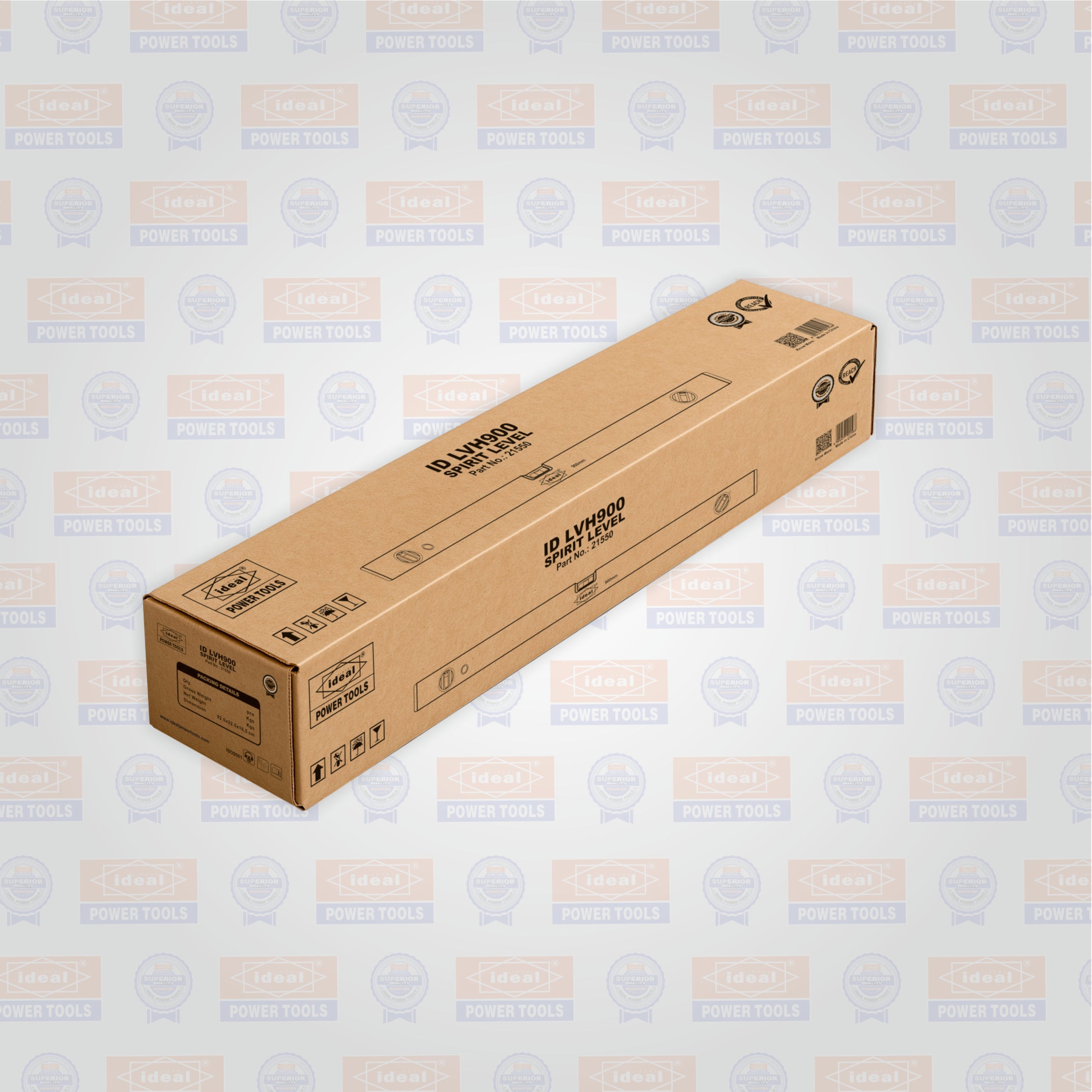 Cardboard box with 'Ideal' branding on a patterned background