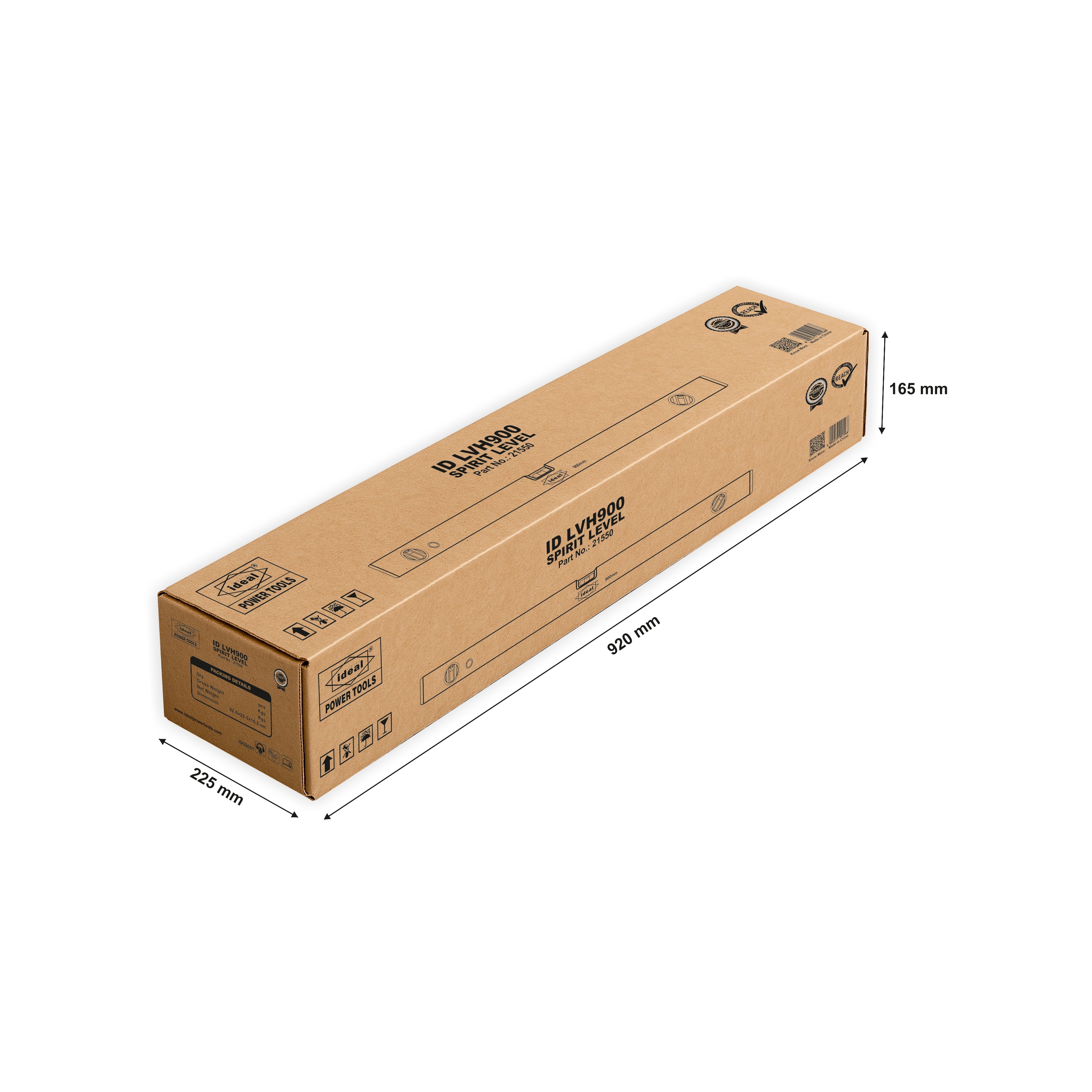Cardboard box with dimensions labeled on a white background