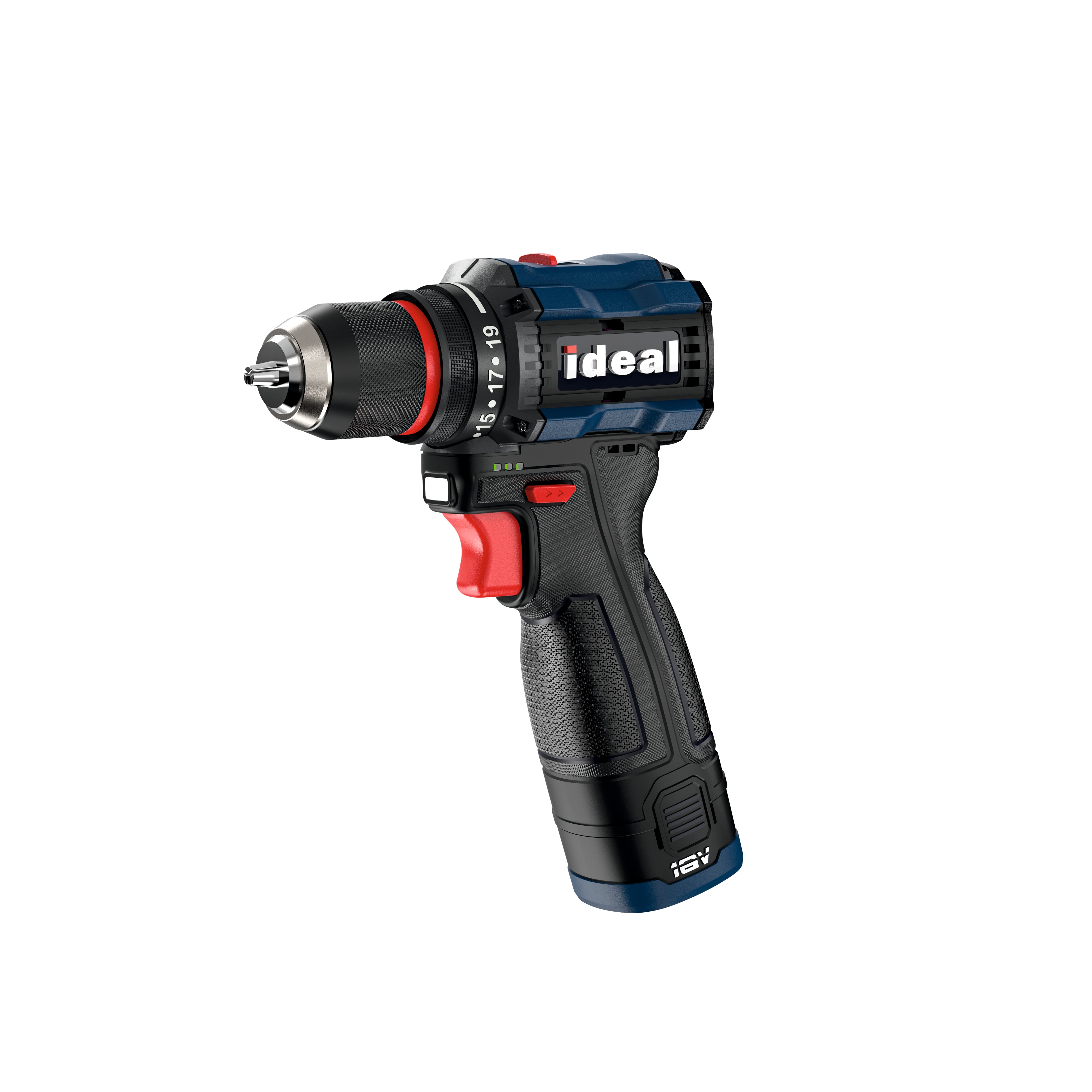 Ideal power drill IDM BD16V on a white background