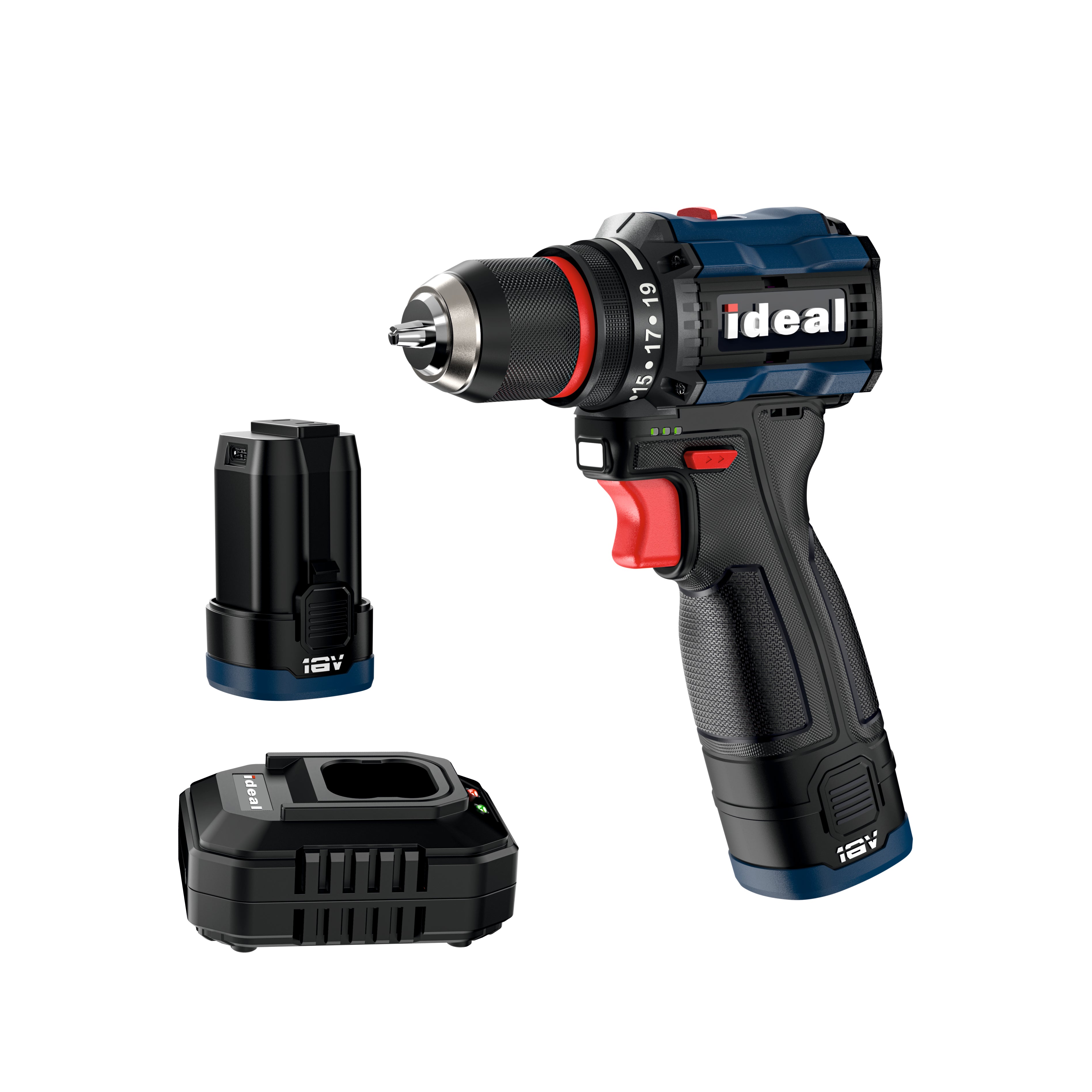Ideal cordless drill IDM BD16V with battery and charger on a white background