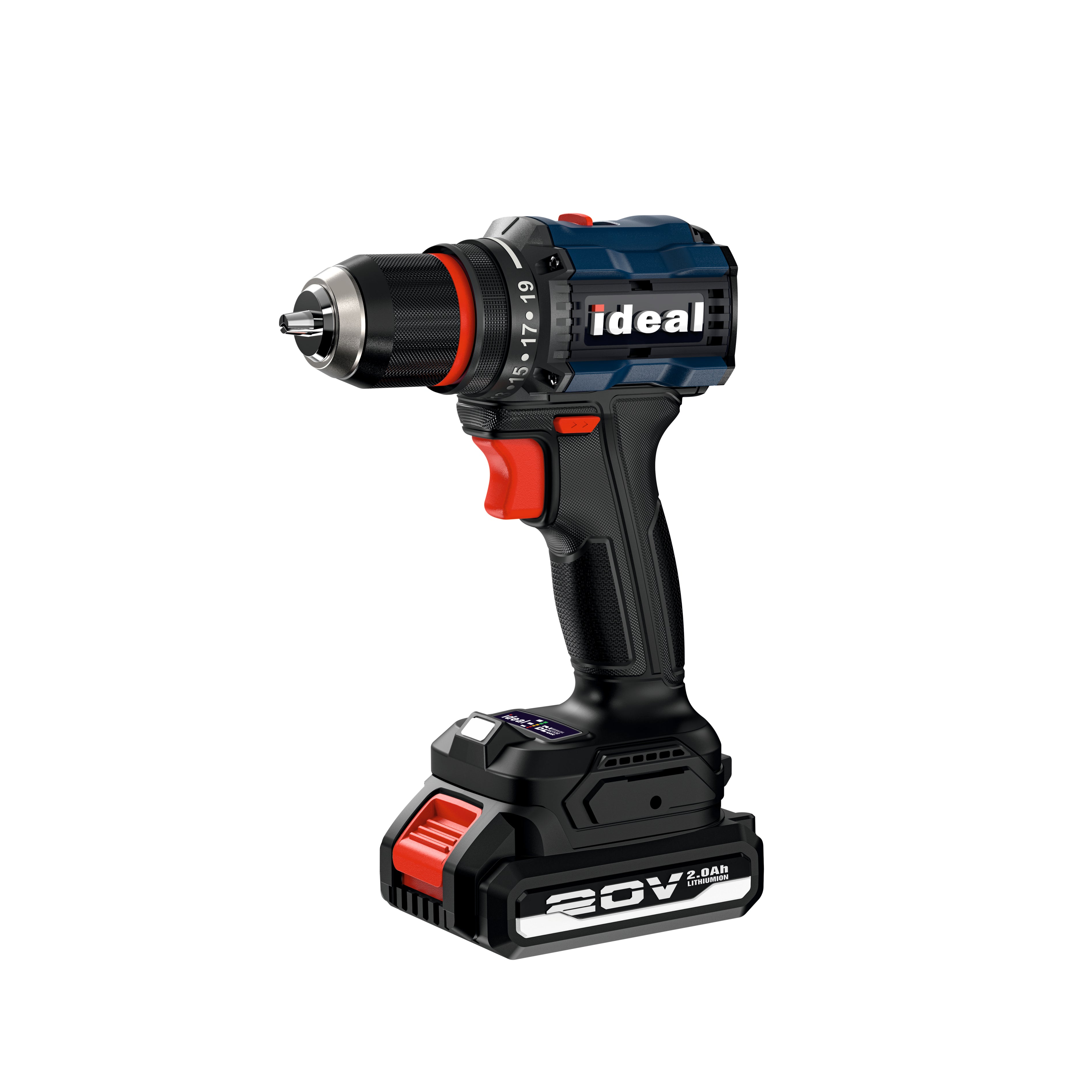 Black and red cordless drill IDM BD20V with 'ideal' branding on a white background