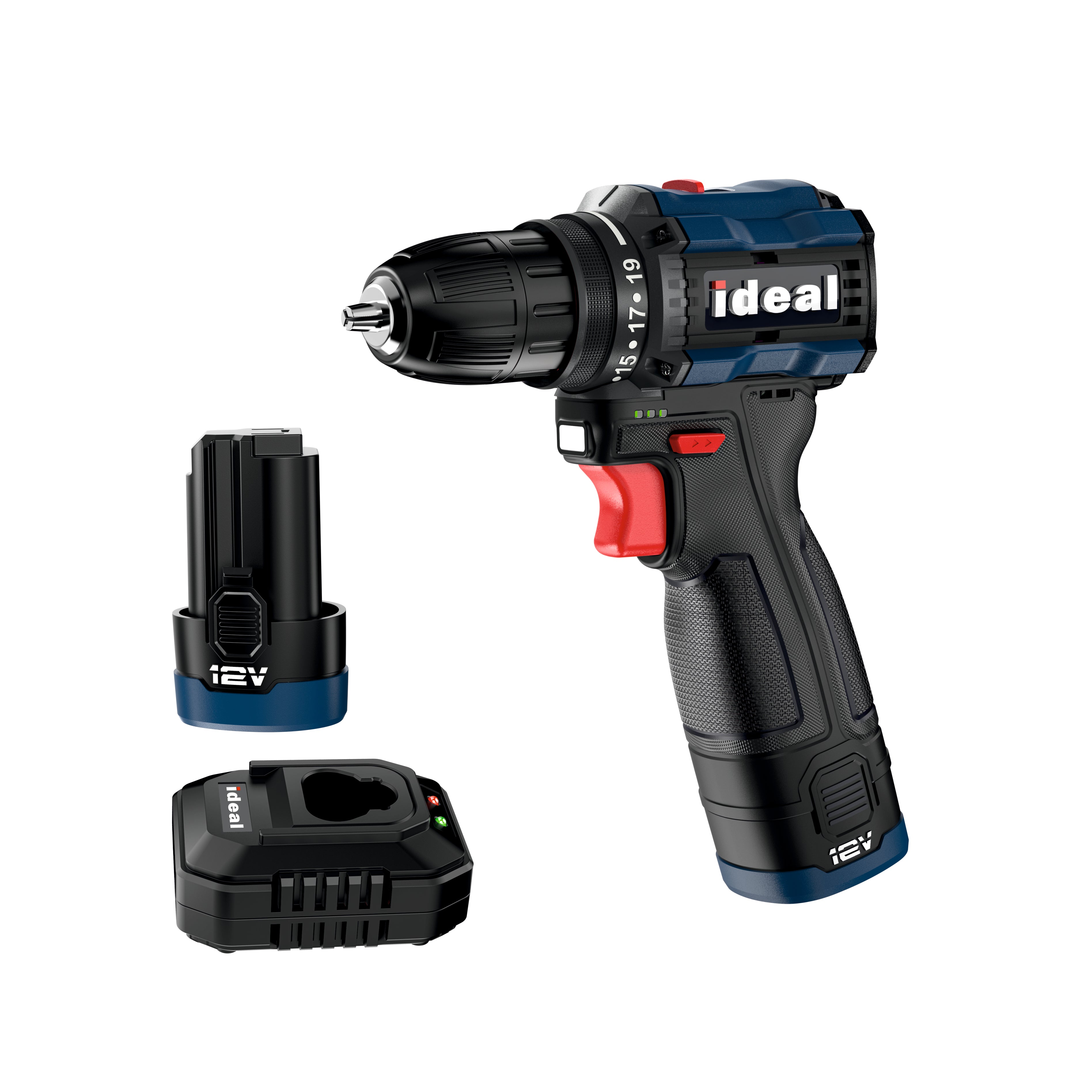 Ideal cordless drill IDM CD12V with battery and charger on a white background