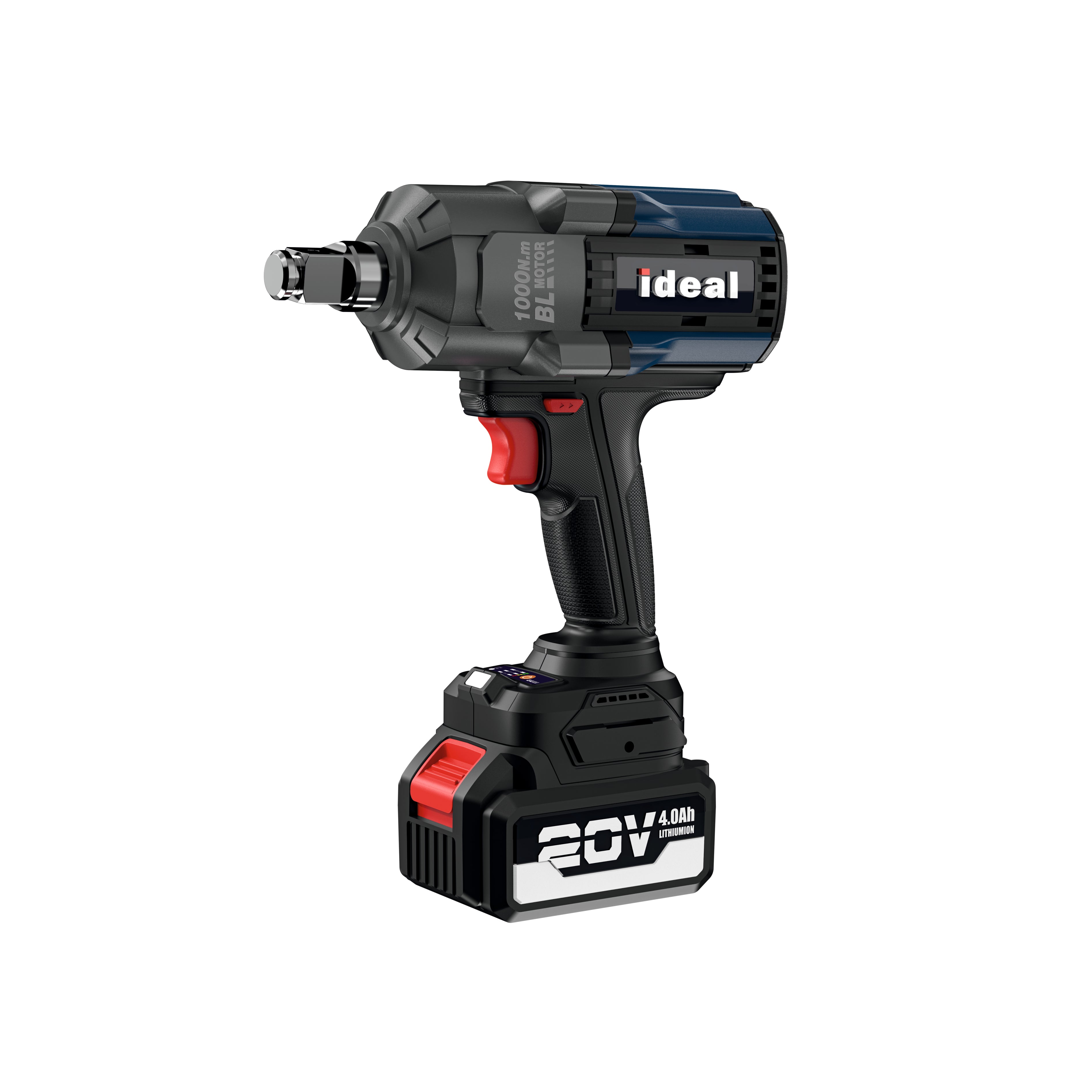 Black and red cordless impact wrench IDM IW-B1000 with 'ideal' branding on a white background
