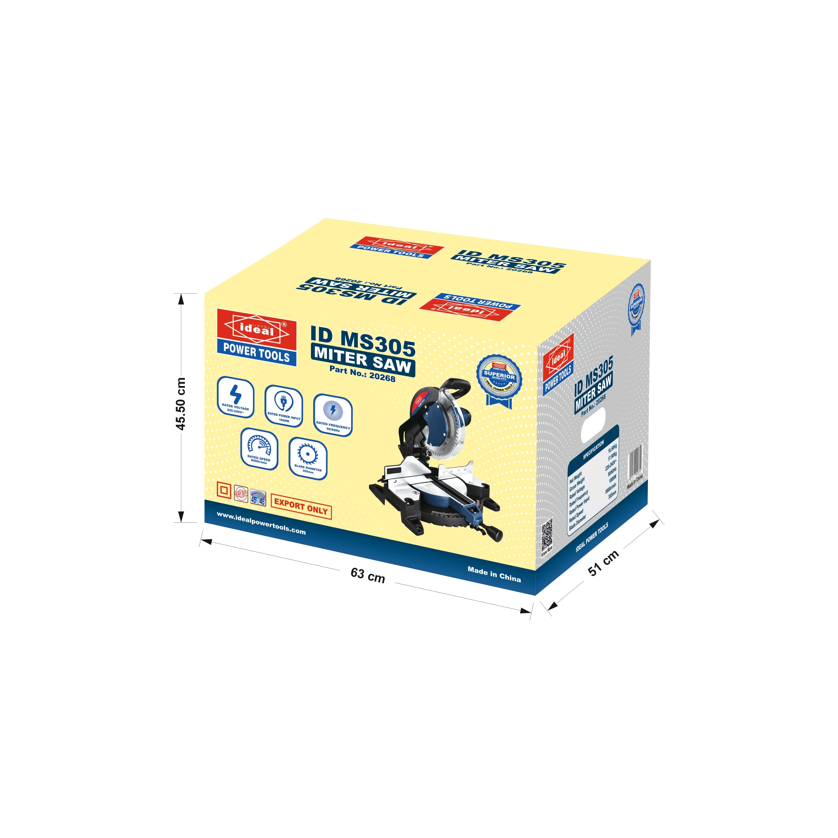 A box packaging of Mitre Saw machine ID MS305 with dimensions indicated