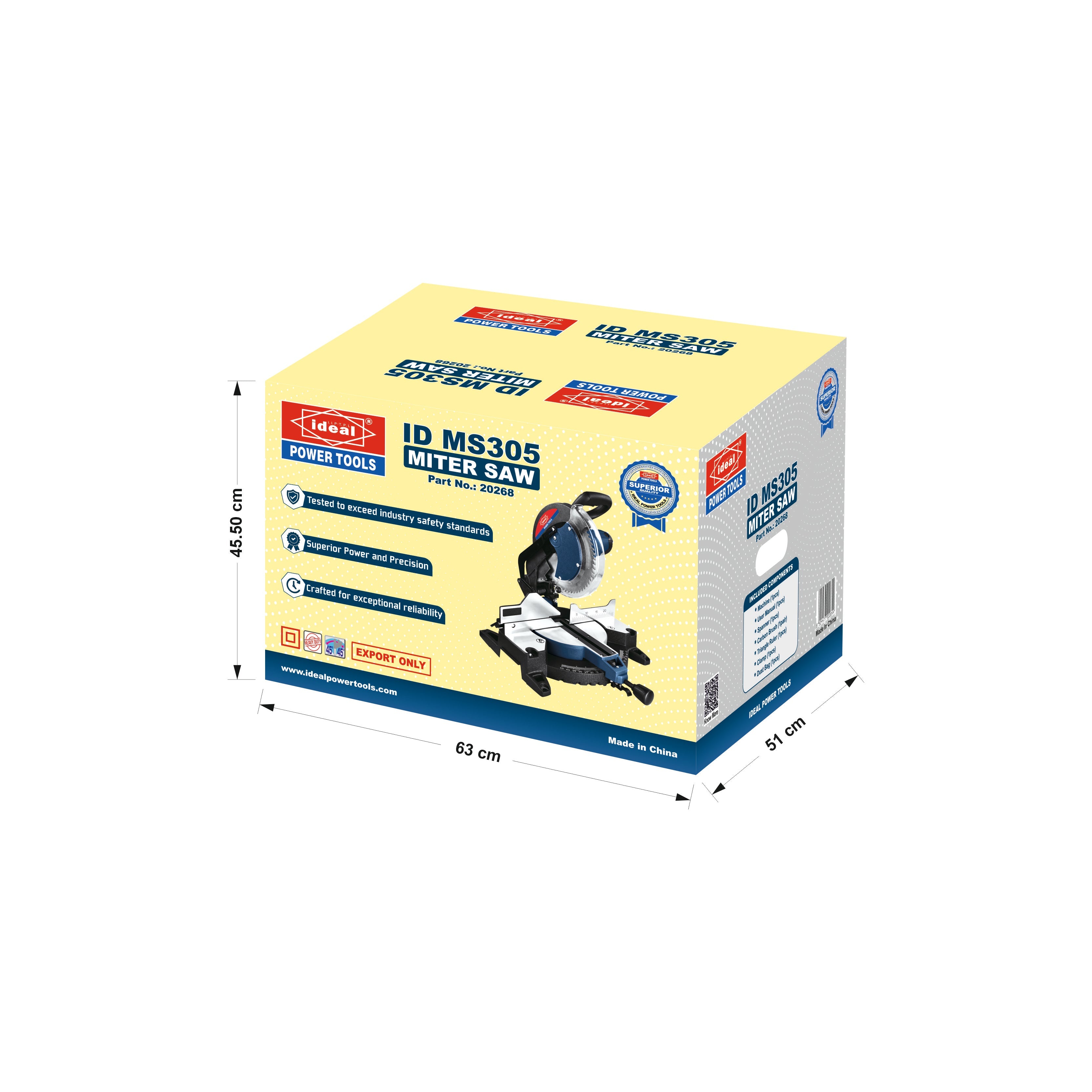 A box of Mitre Saw ID MS305 with dimensions indicated