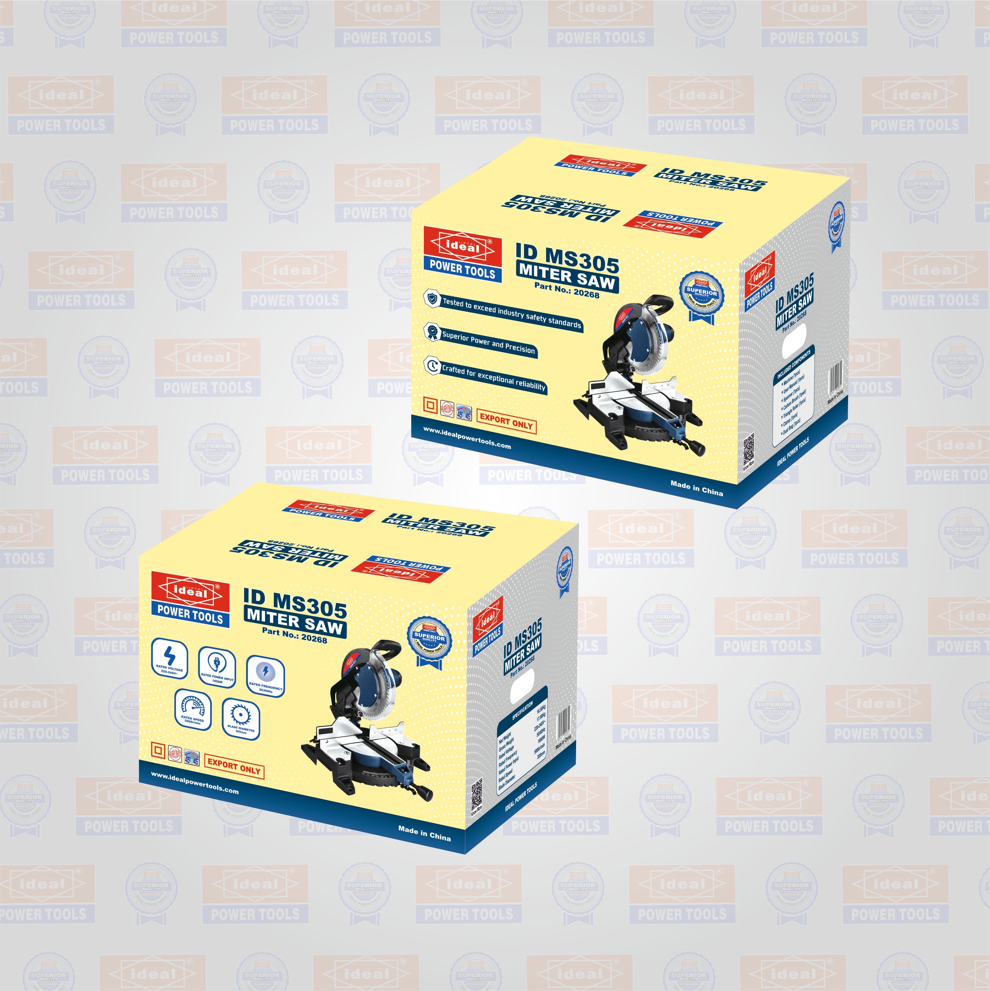 Two boxes of ideal mitre saw machine ID MS305 with branded background