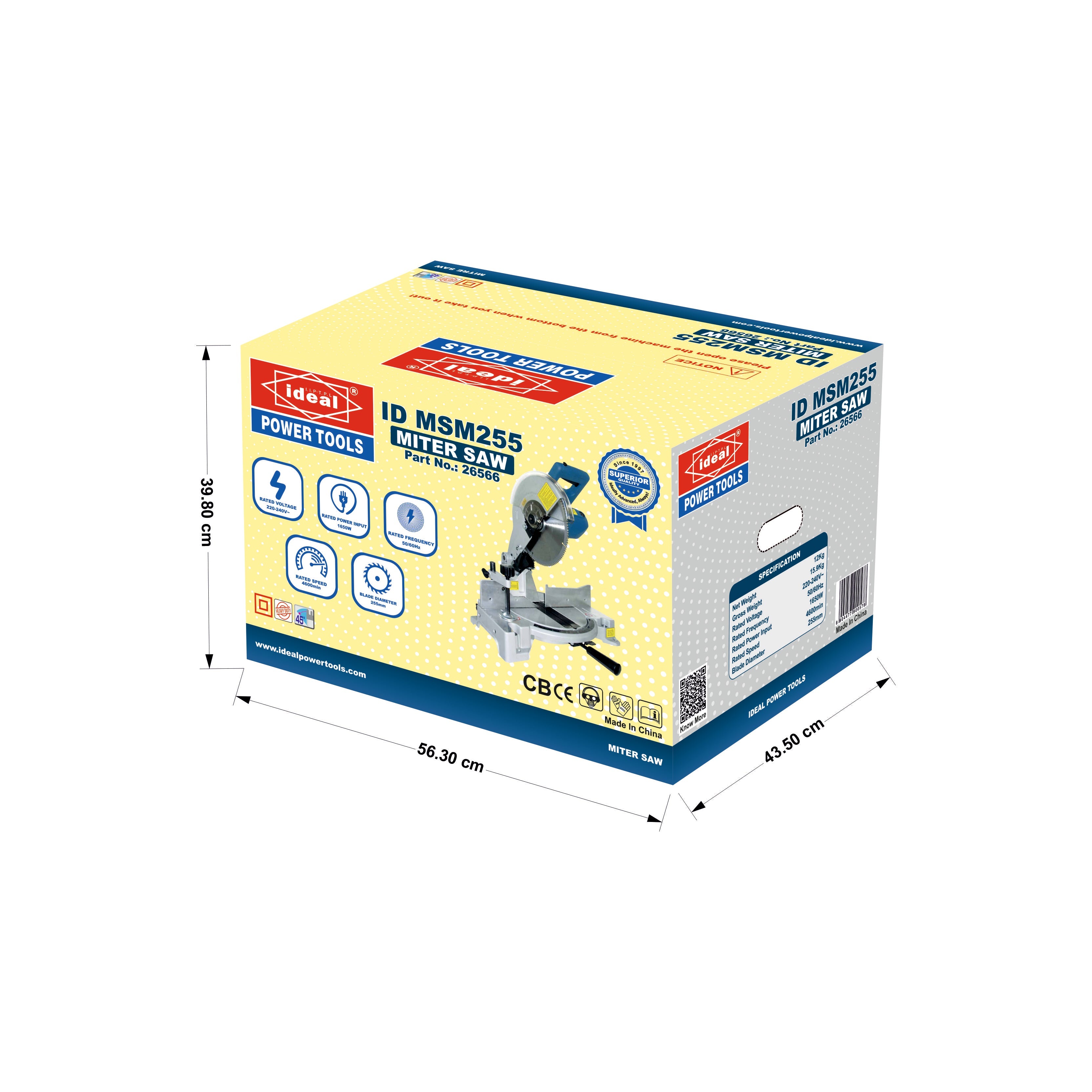 A box of mitre saw machine with dimensions indicated