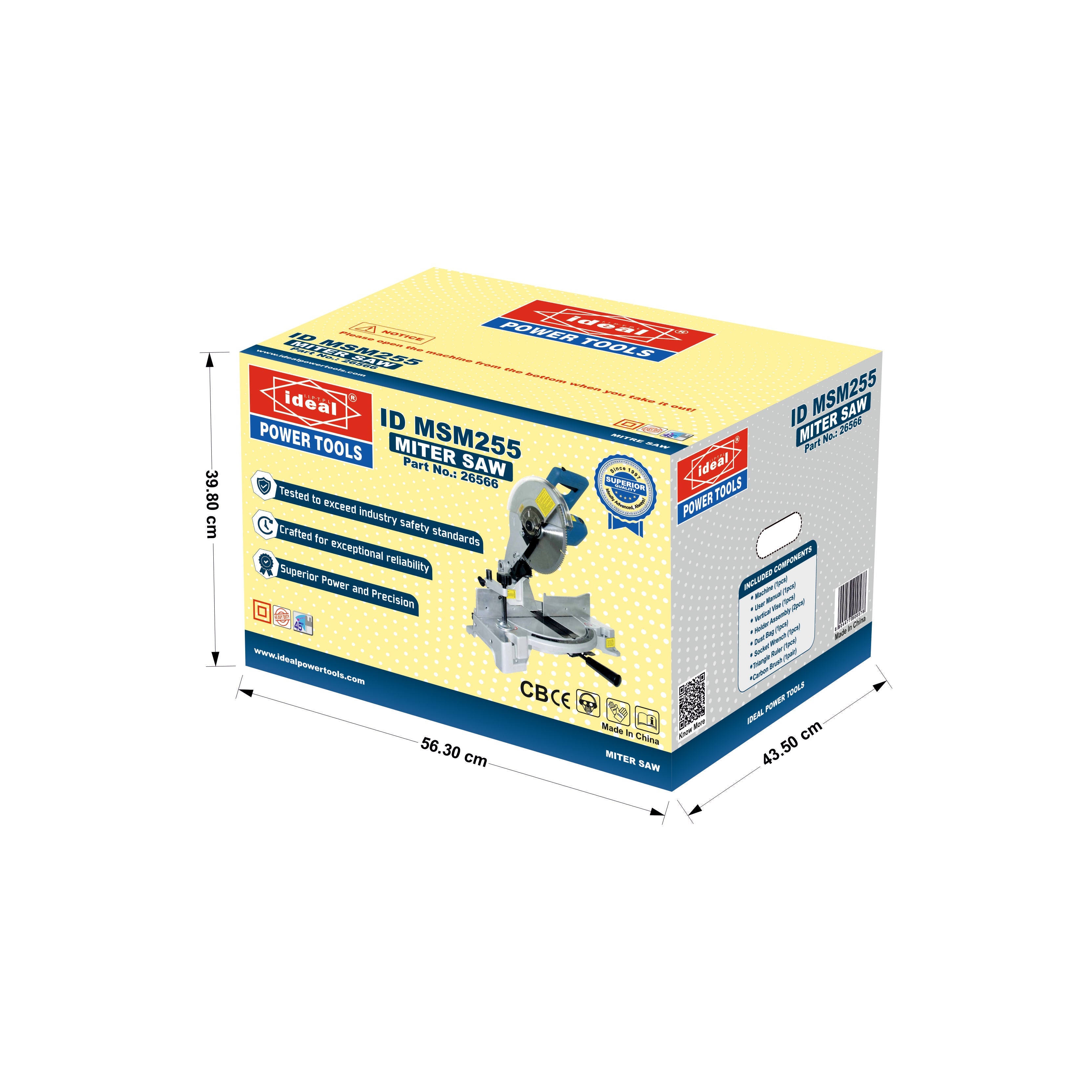 A box of mitre saw machine ID MSM255 with dimensions indicated