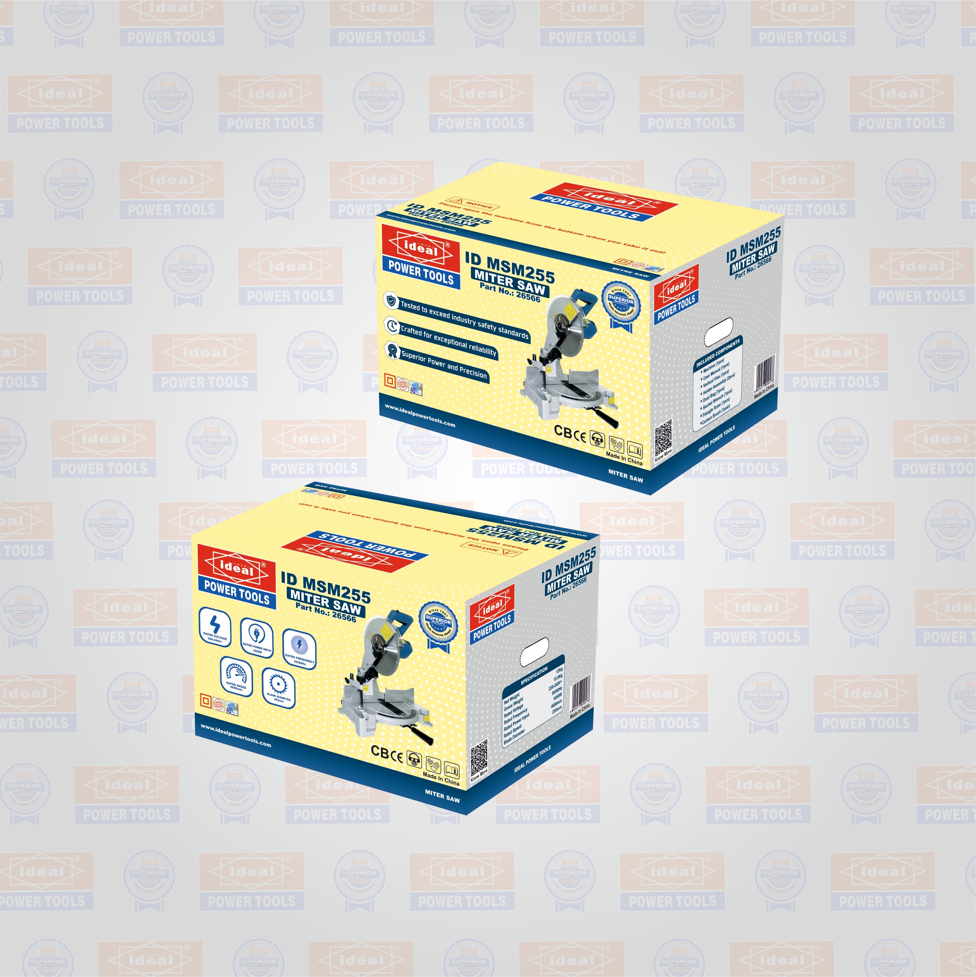 Two boxes of mitre saw machine ID MSM255 with branded background