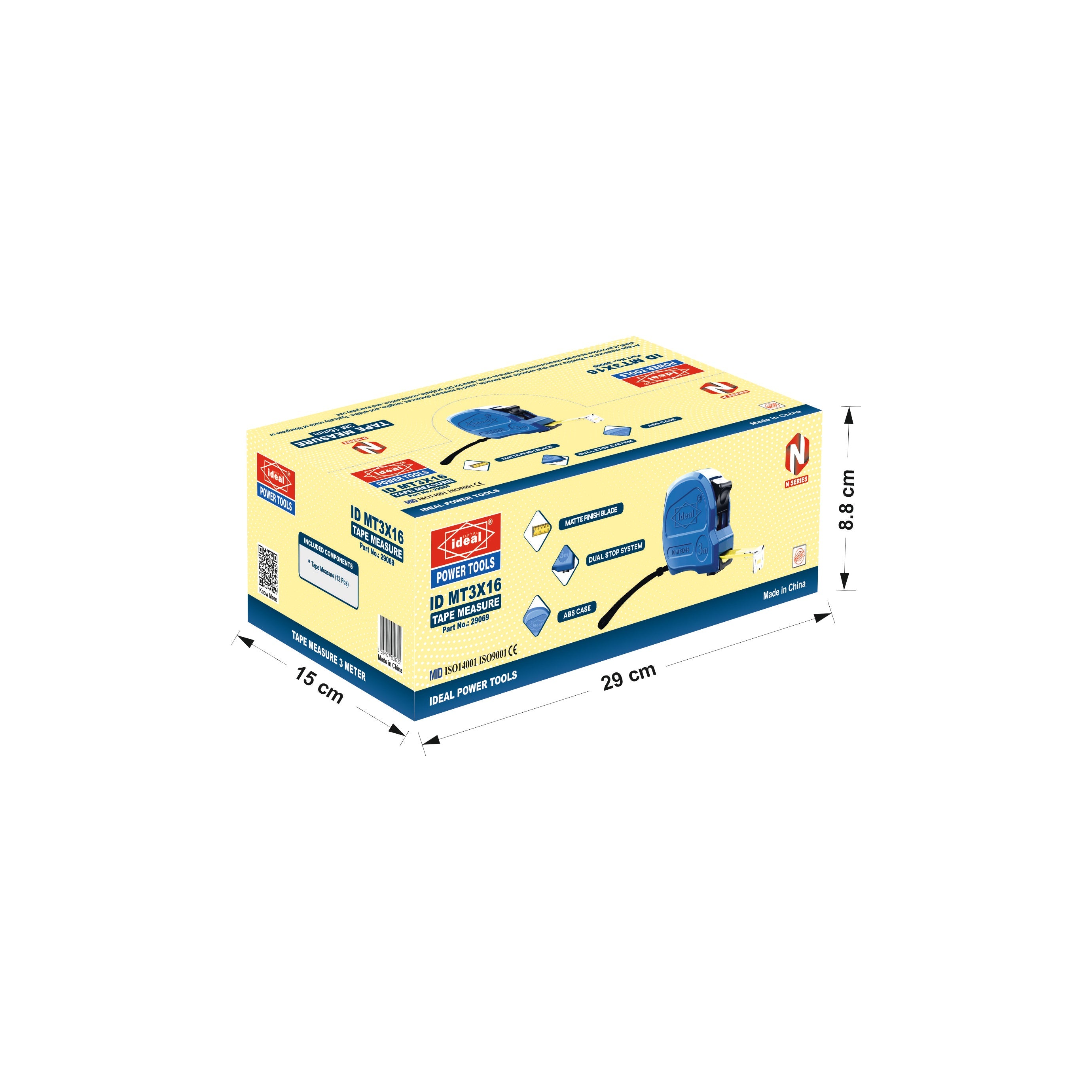 Box packaging of 3m tape measure with dimensions indicated