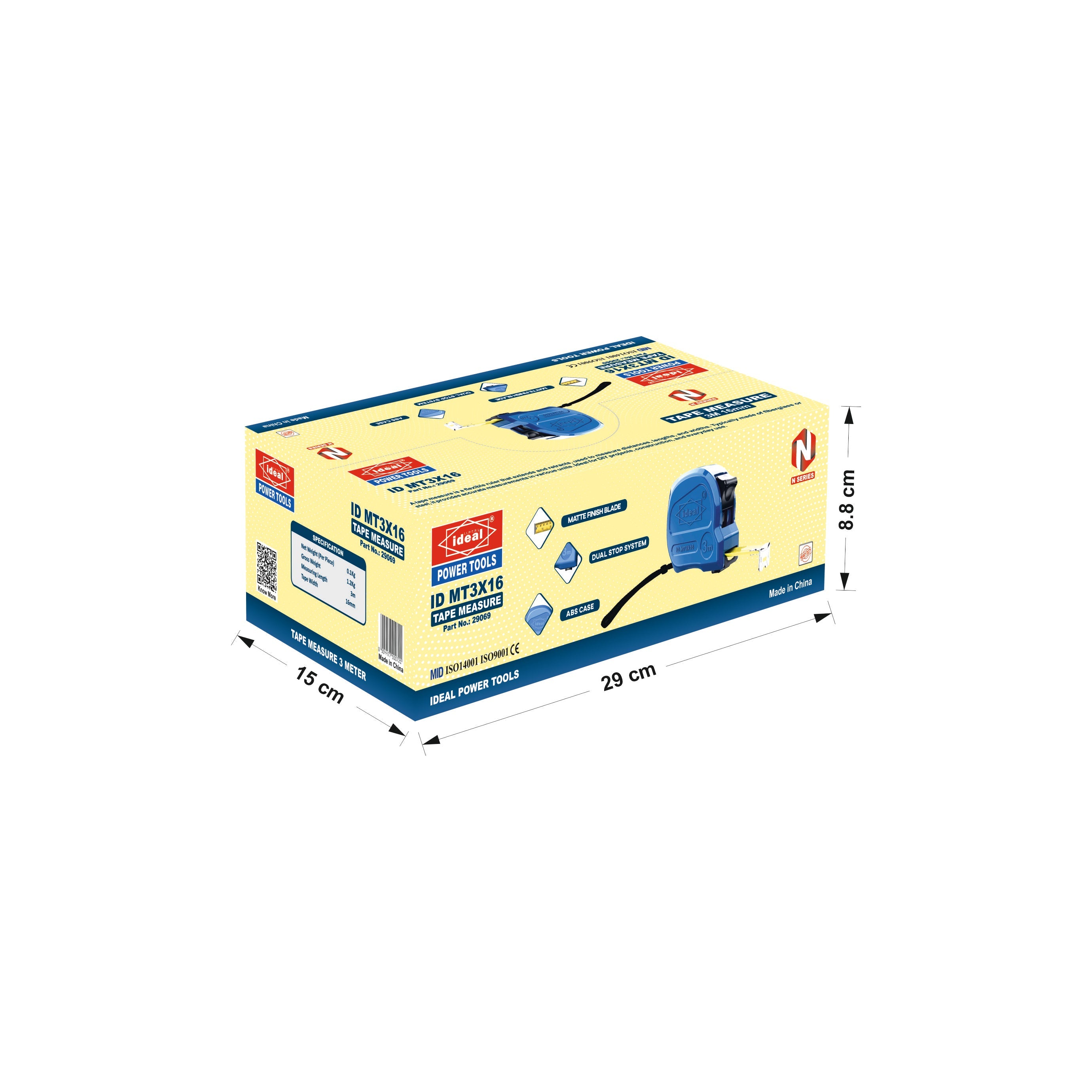 Box of 3m tape measure ID MT3X16 with dimensions marked