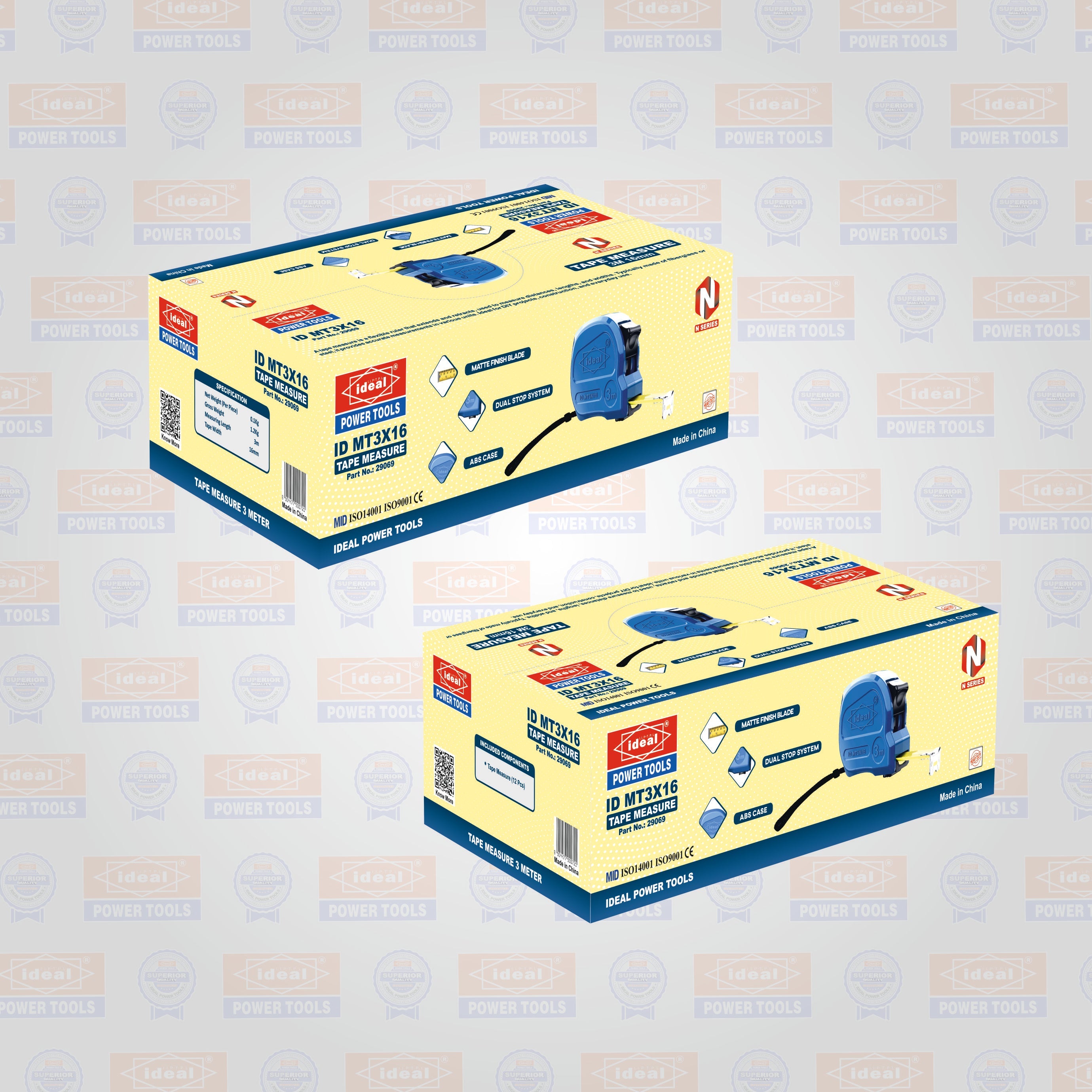 Two boxes of 3m tape measure ID MT3X16 with branded background