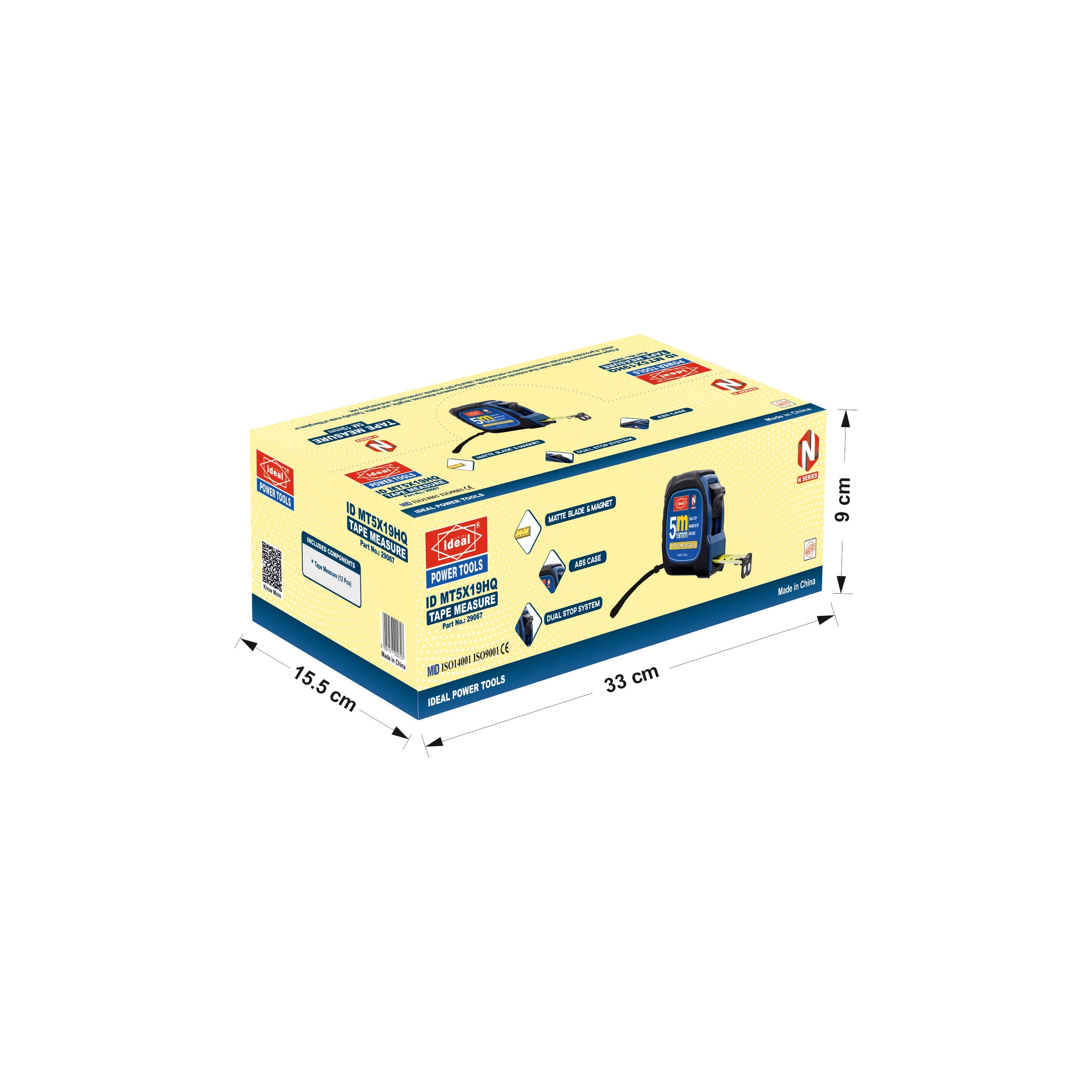 Box of 5m tape measure with dimensions