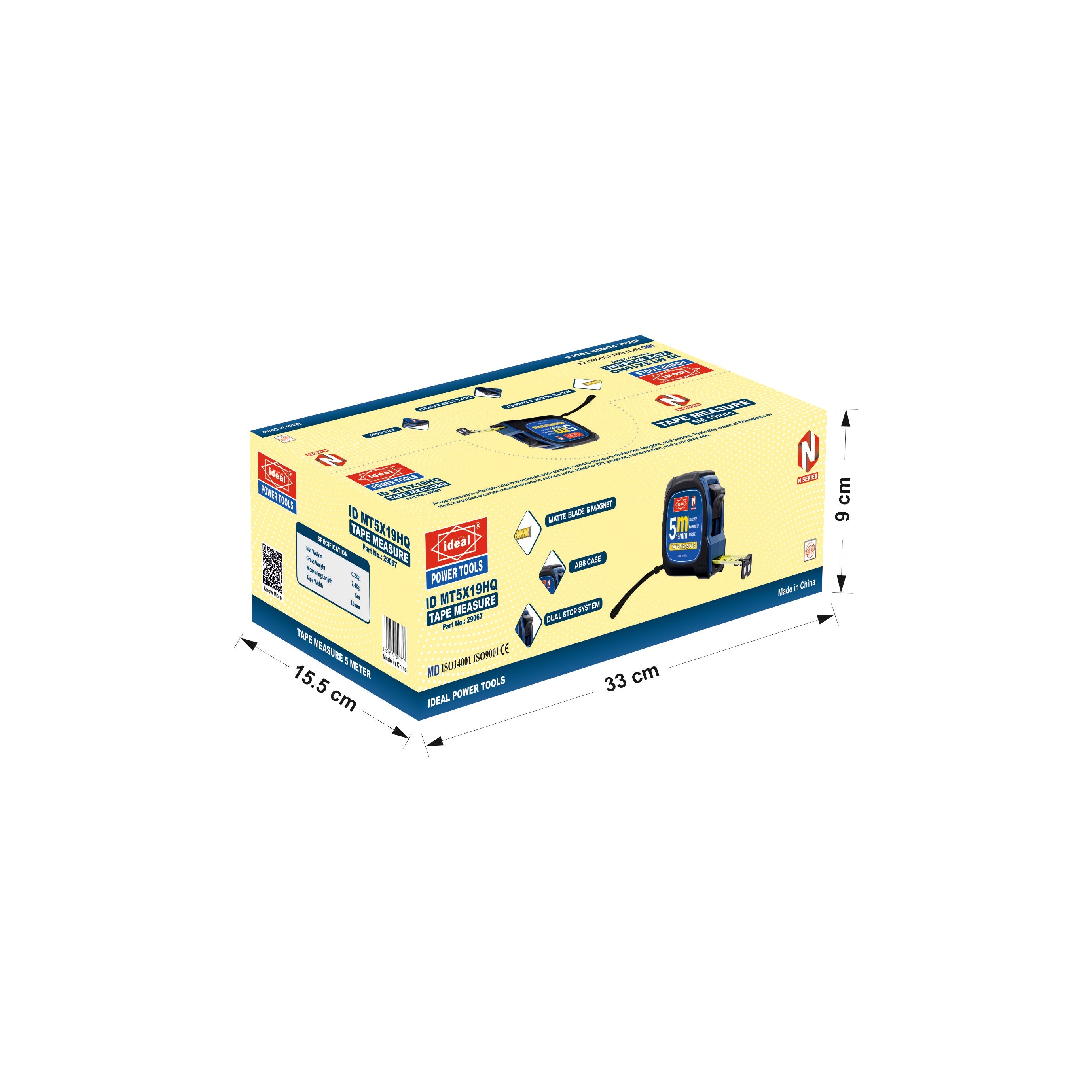 Box of 5m tape measure ID MT5X19HQ with dimensions indicated