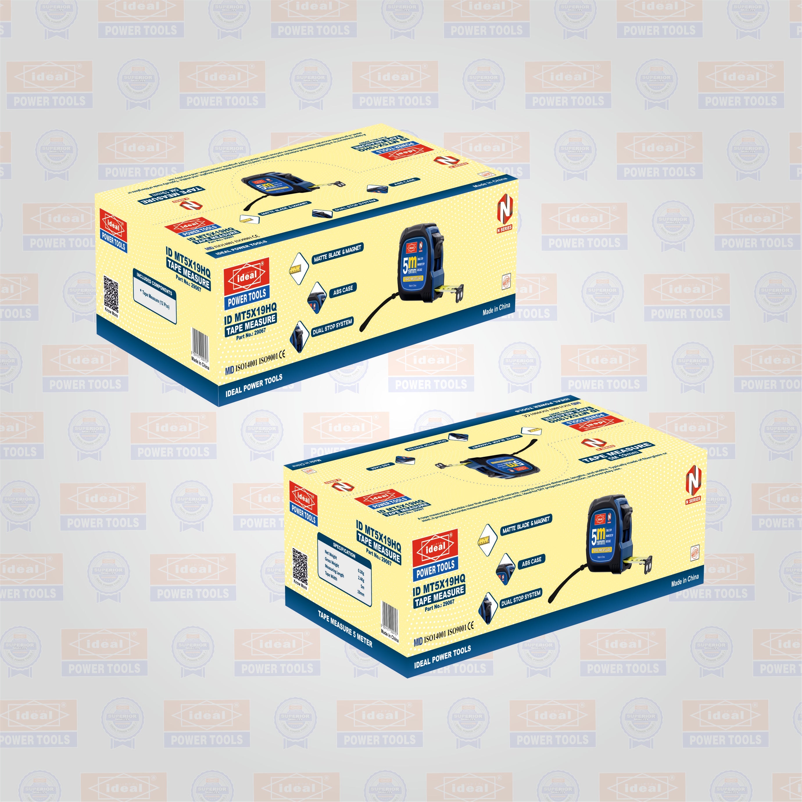 Two boxes of 5m tape measure on a branded background