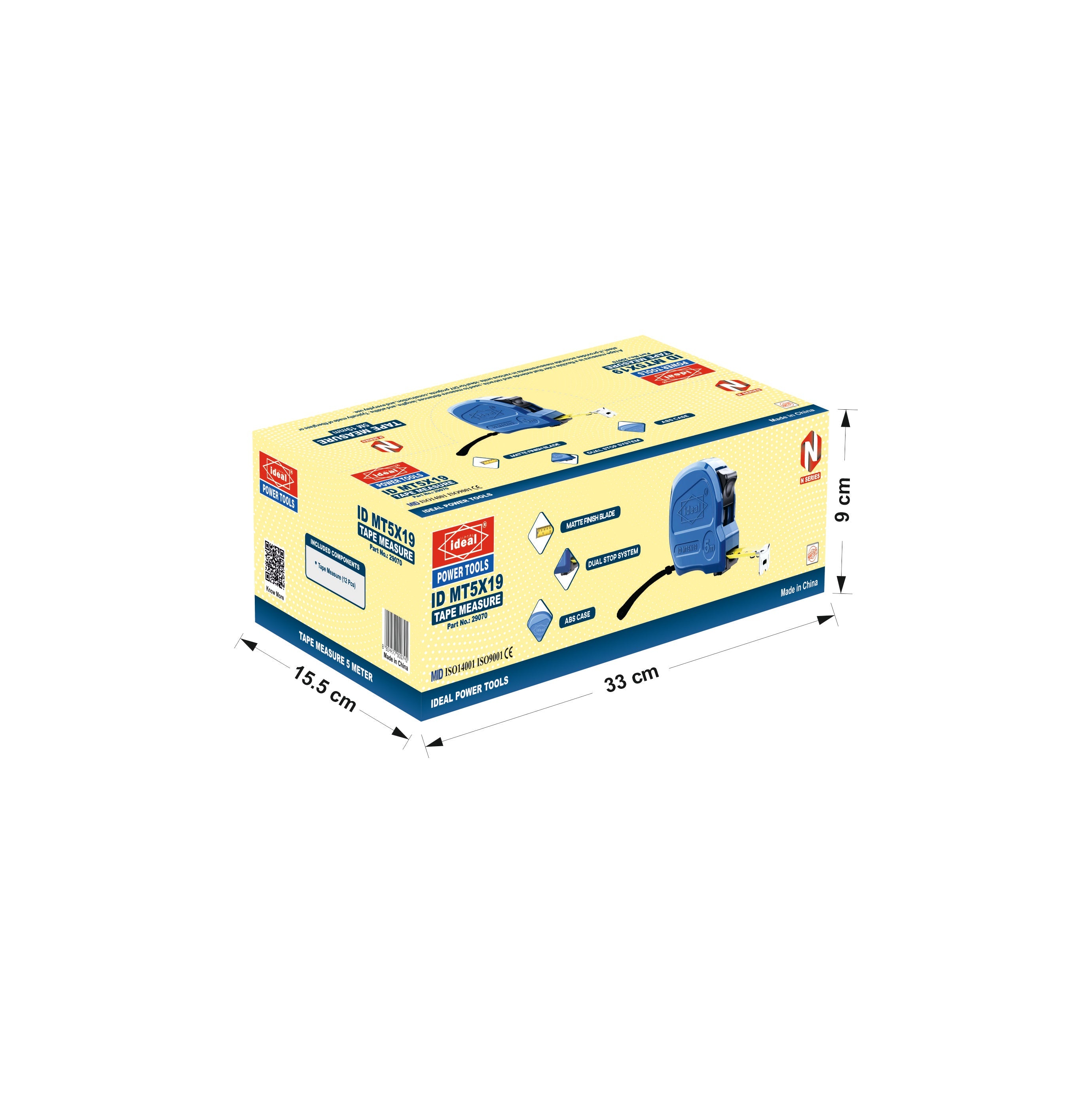 Box of an ID MT5X19 tape measure with dimensions marked on a white background
