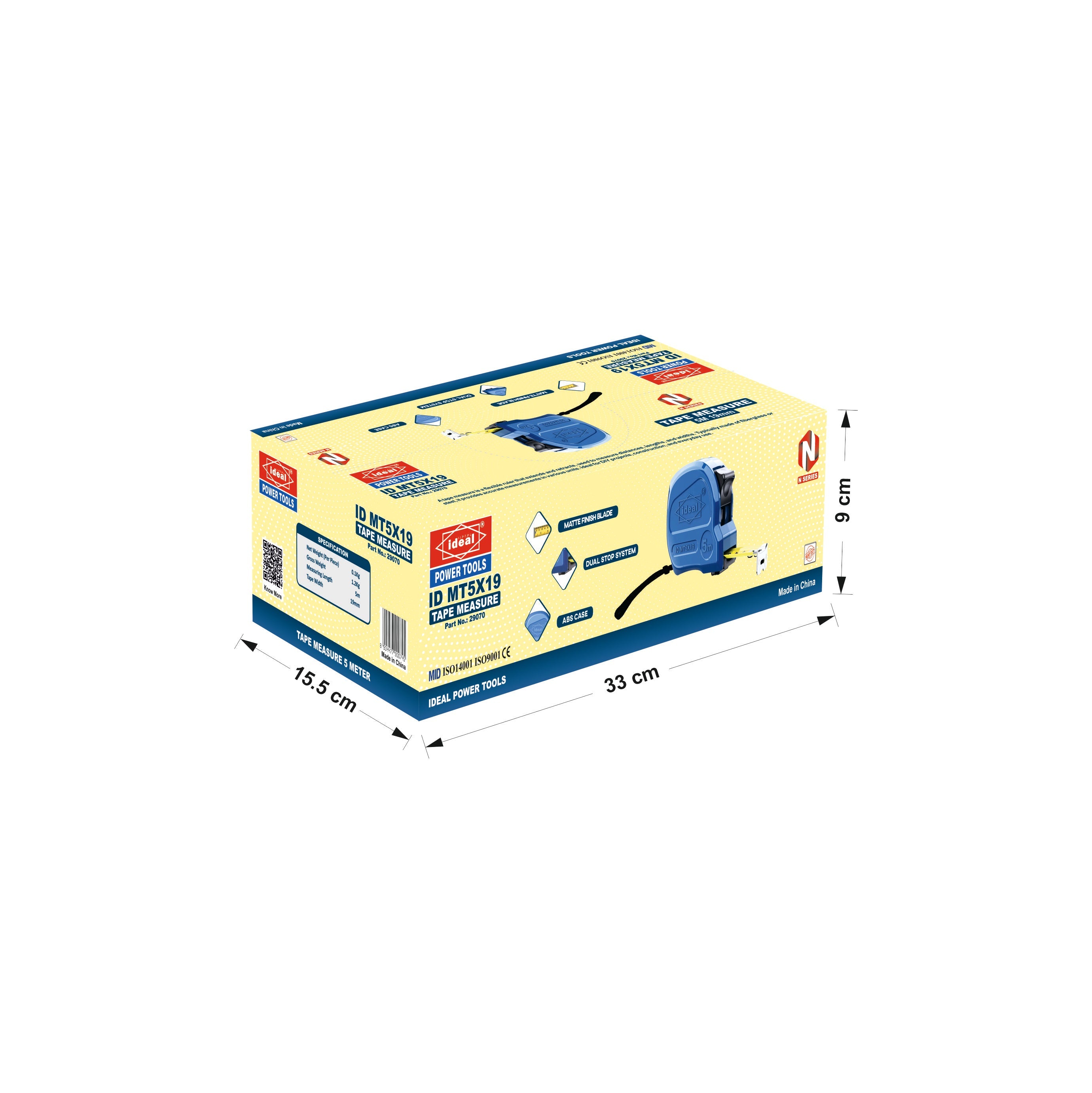 Box of an ID MT5X19 tape measure with dimensions indicated