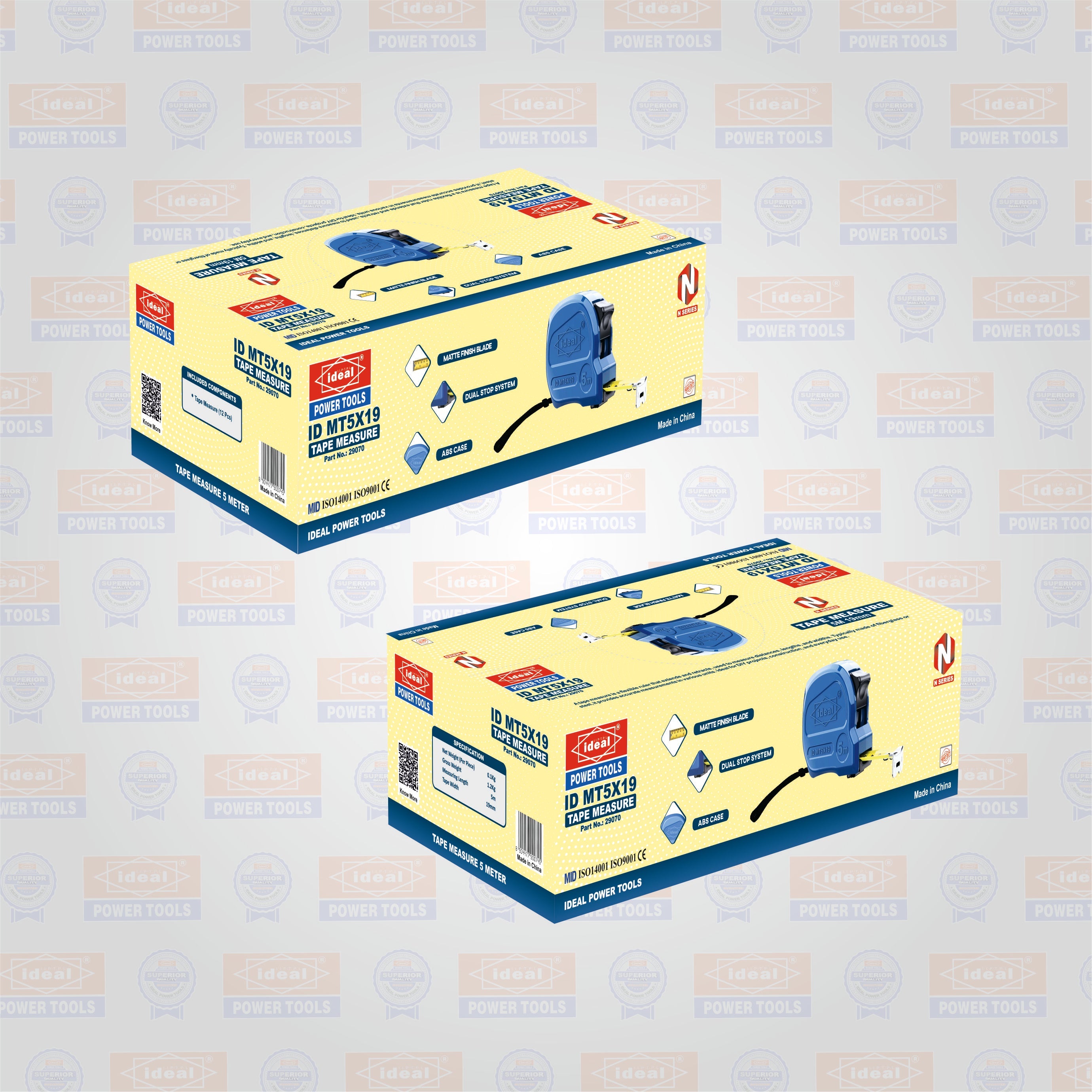 Two boxes of ID MT5X19 tape measures with branded background