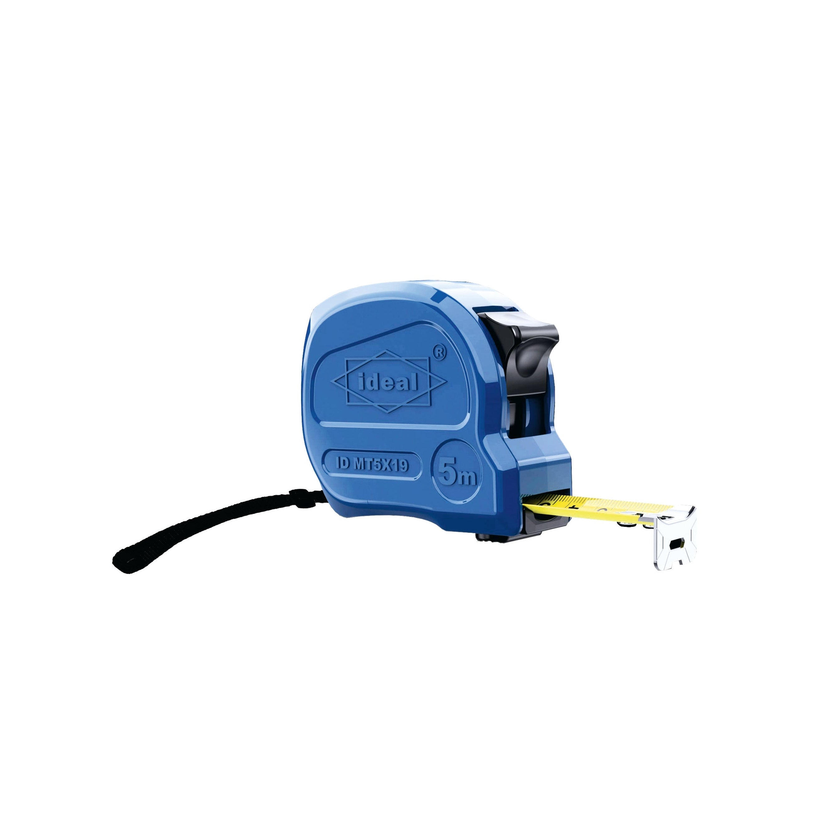 Blue tape measure ID MT5X19 with yellow blade on a white background