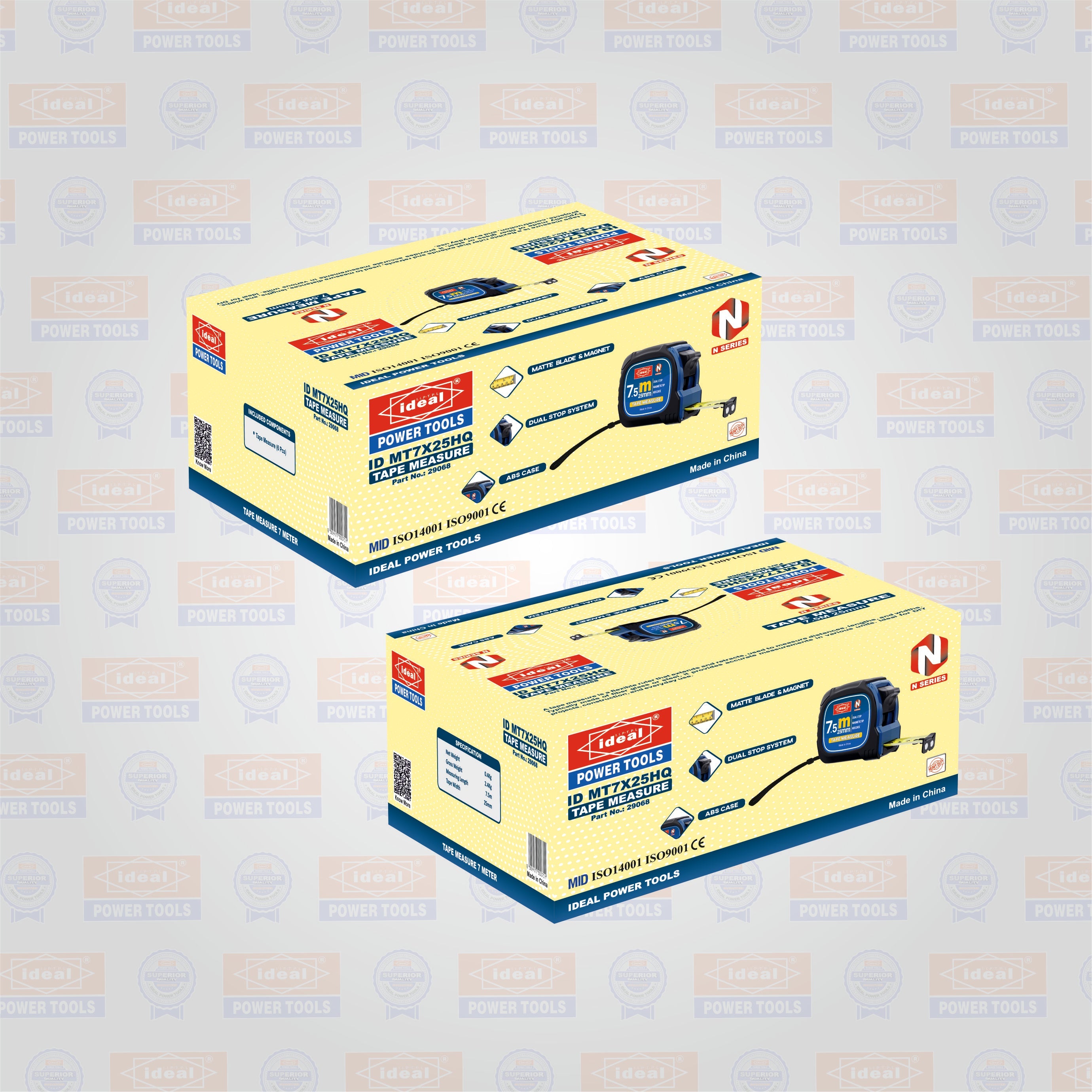 Two box packaging of ID MT7X25HQ measuring tapes on a branded background