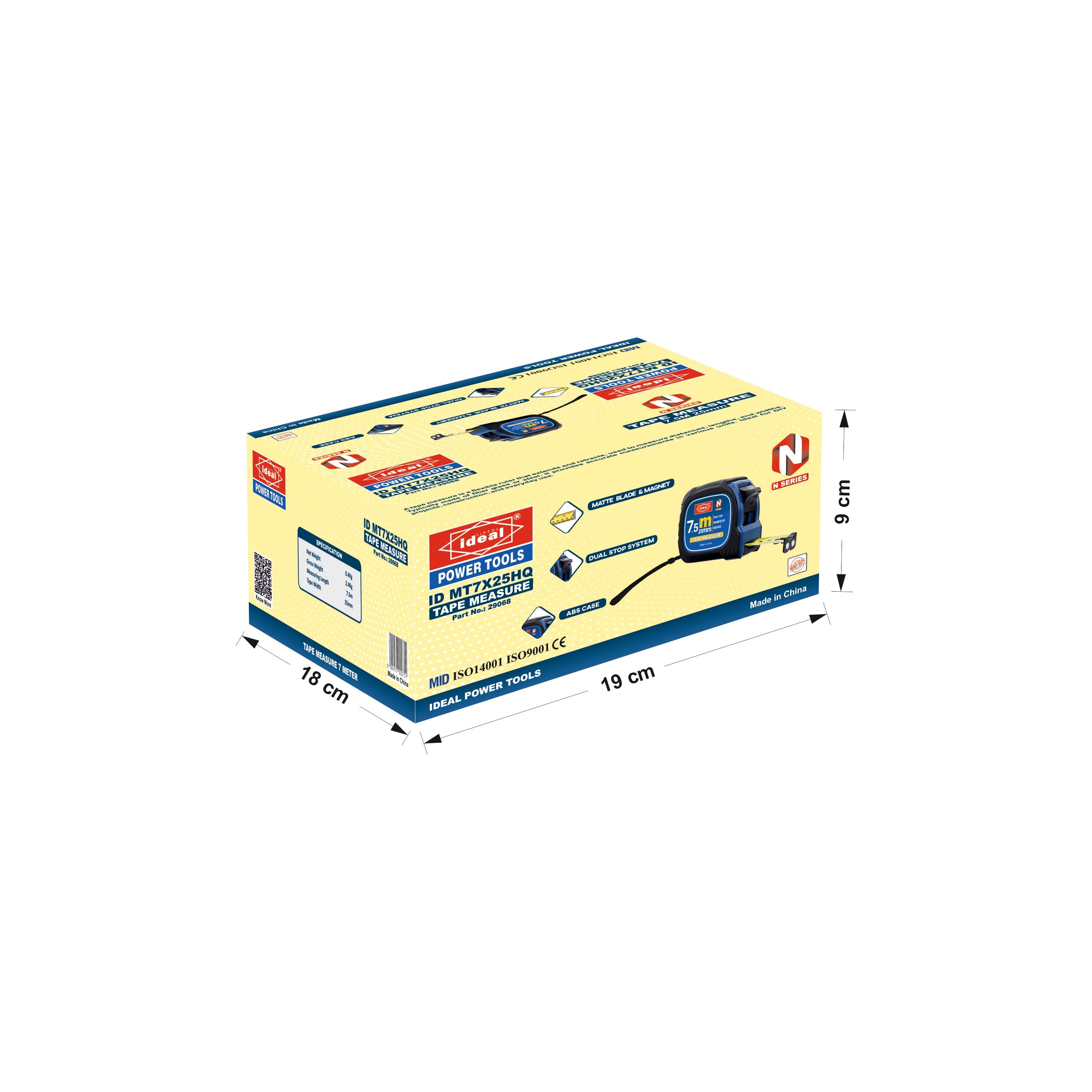 Box of ideal ID MT7X25HQ measuring tape with dimensions