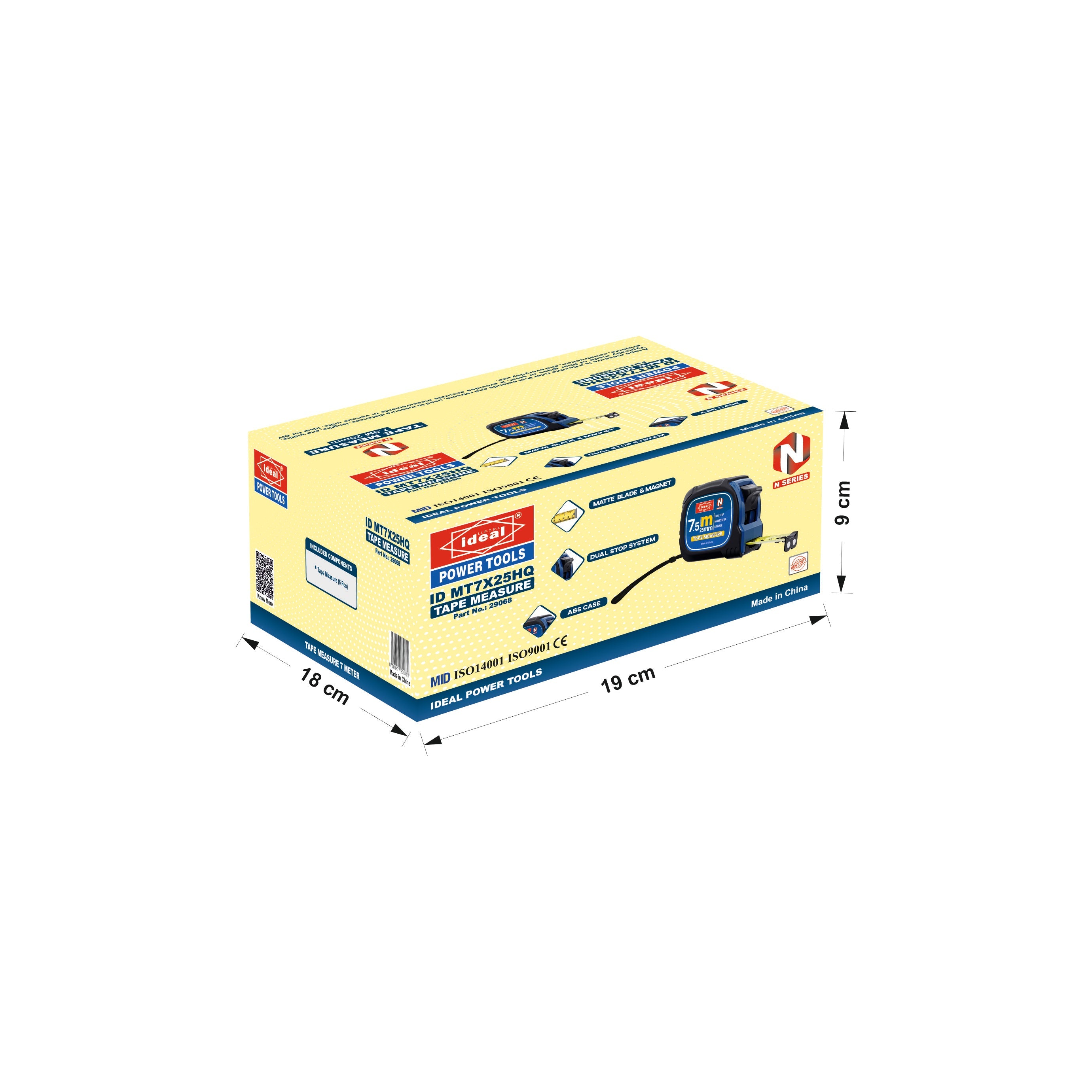 Box packaging of ID MT7X25HQ measuring tape with dimensions indicated