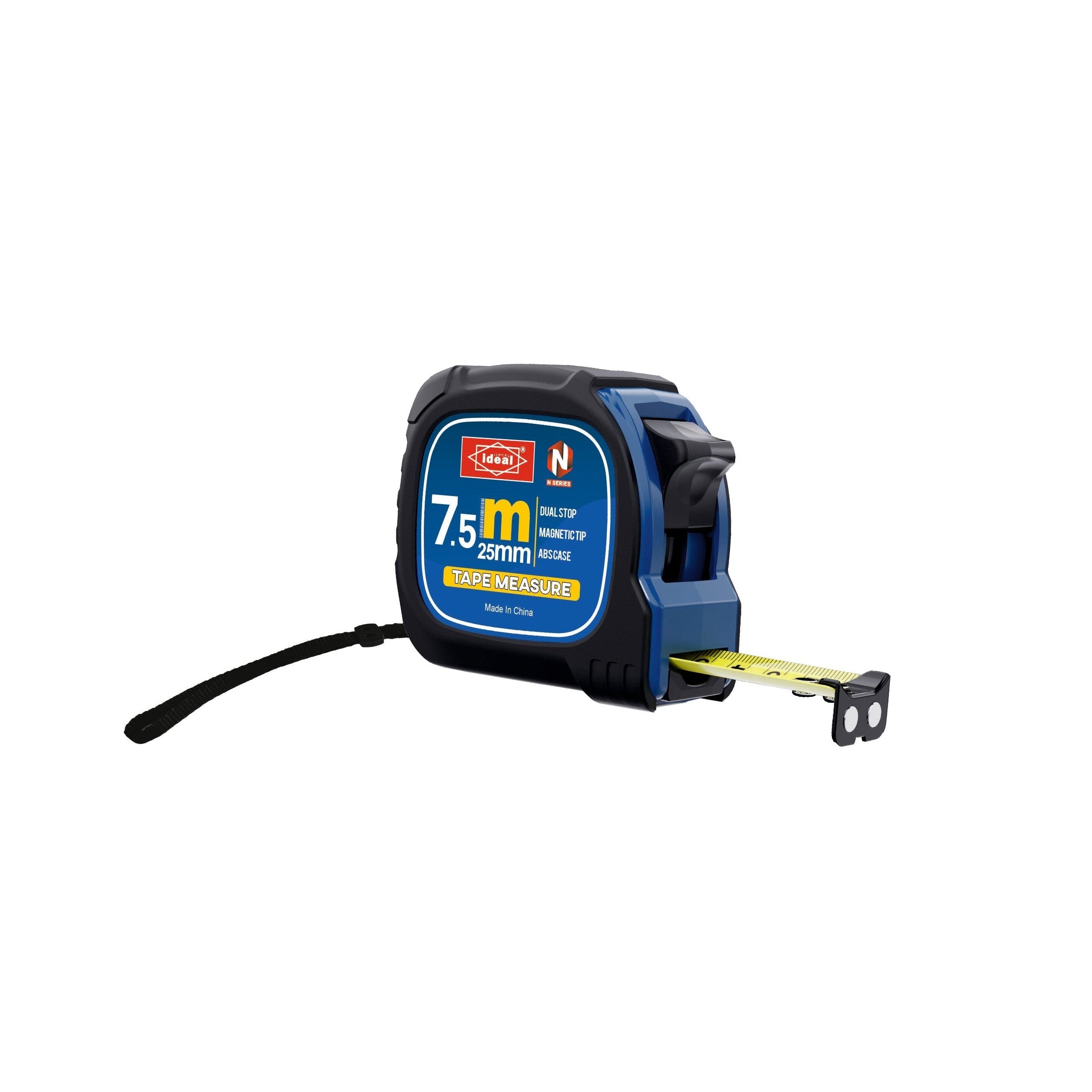 Tape measure ID MT7X25HQ with a blue label on a white background