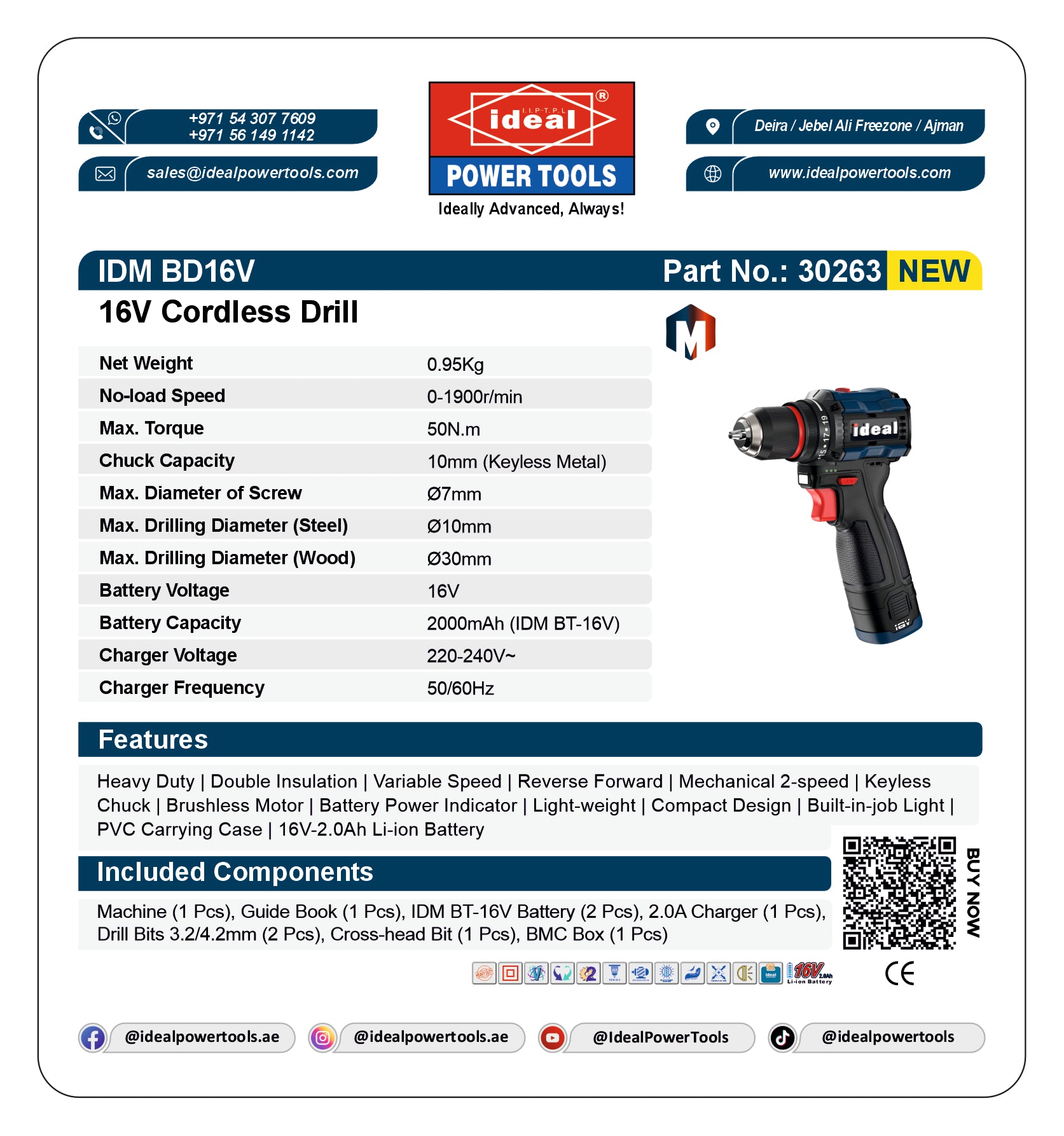 Product label for IDM BD16V 16V Cordless Drill with specifications and branding details.