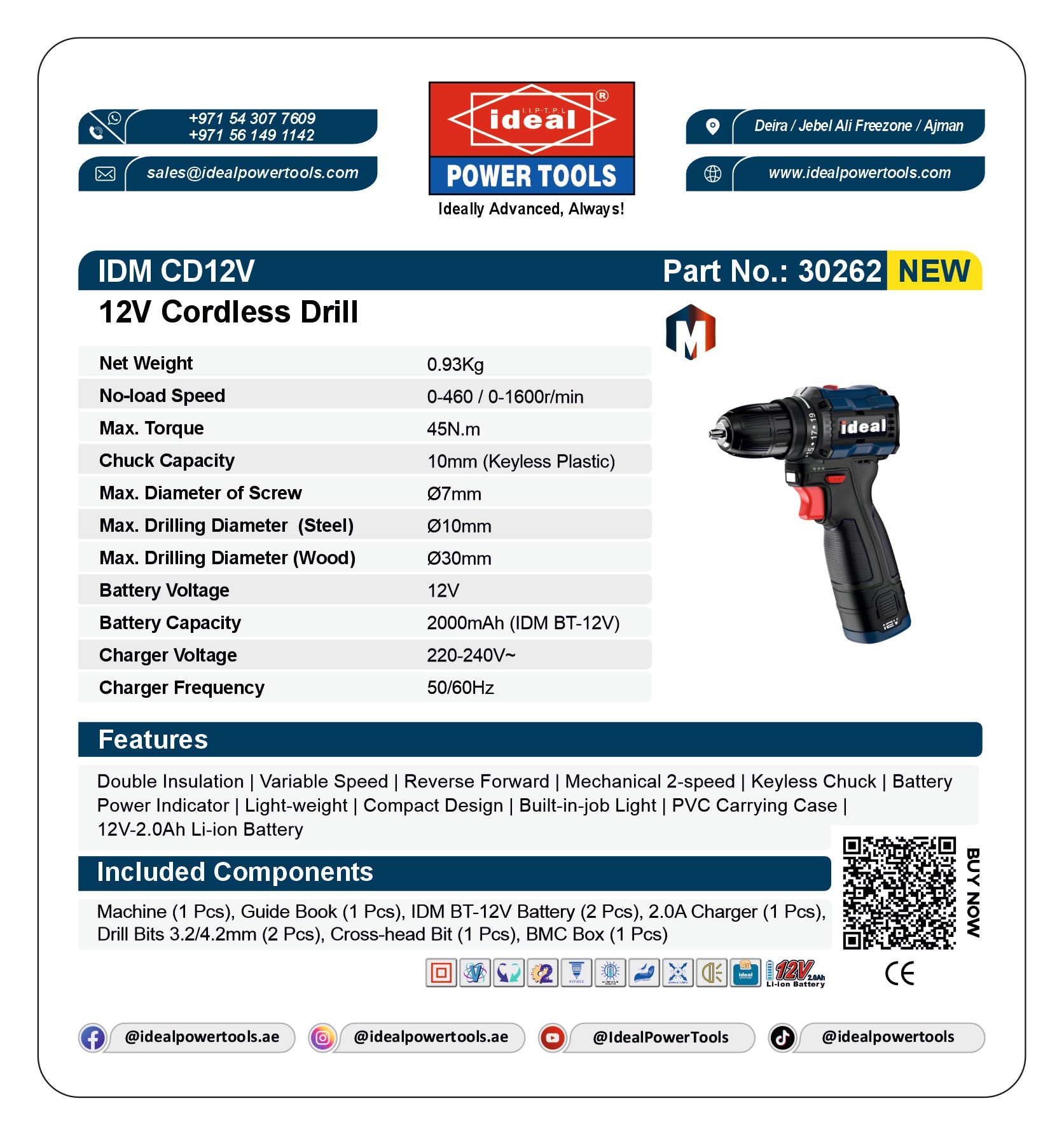 12V cordless drill IDM CD12V with specifications and branding on a white background