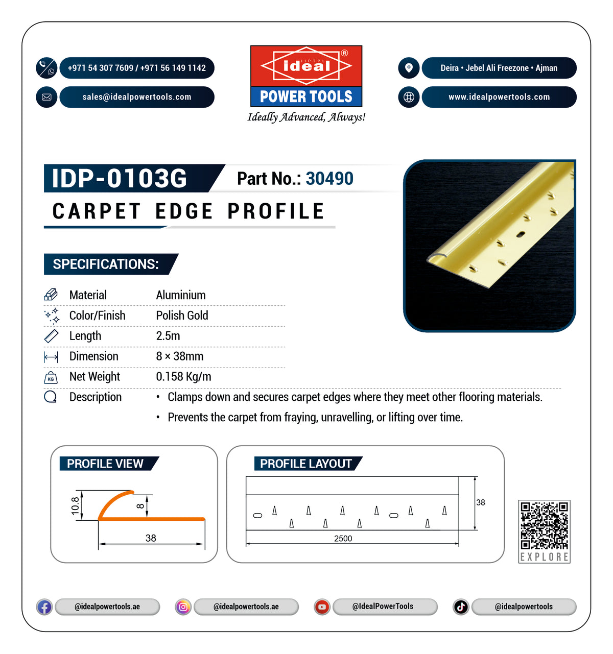 A product information sheet for Ideal Power Tools IDP-0103G Carpet Edge Profile, showing the part number, specifications, profile and layout diagrams, a small product photo, and contact details on a white background.