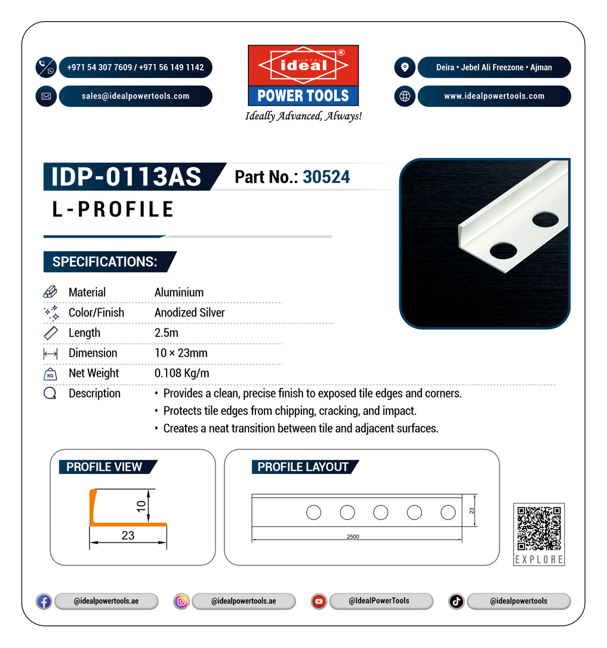 Technical specification sheet for an L-profile aluminum tile edge protector, part IDP-0113AS. The sheet features product details, dimensions, and profile views on a white background with Ideal Power Tools branding.
