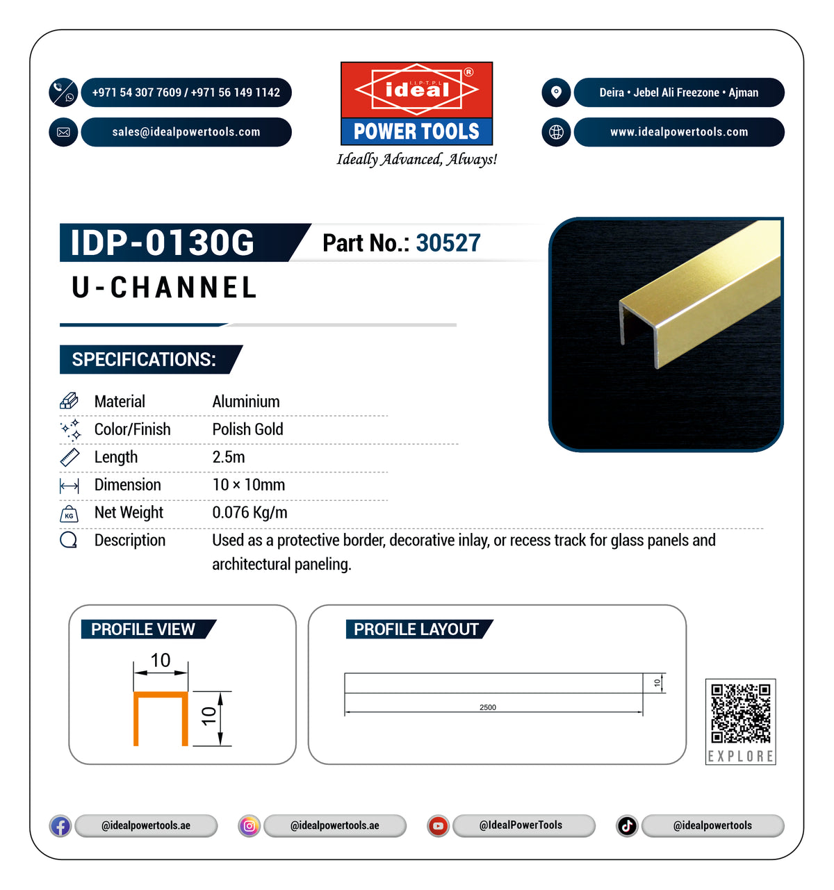 A product specification sheet for the Ideal Power Tools IDP-0130G U-Channel, showing a brass/gold U-channel profile, material specs, dimensions, and profile views on a white background.