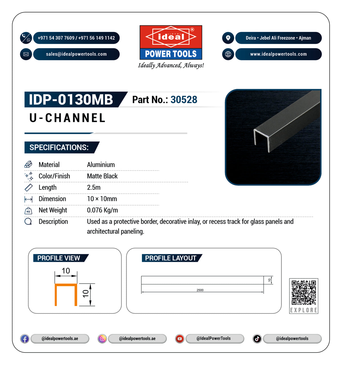 A product information card for an Ideal Power Tools U-channel aluminum profile, part IDP-0130MB. The card features the brand logo, contact details and specifications