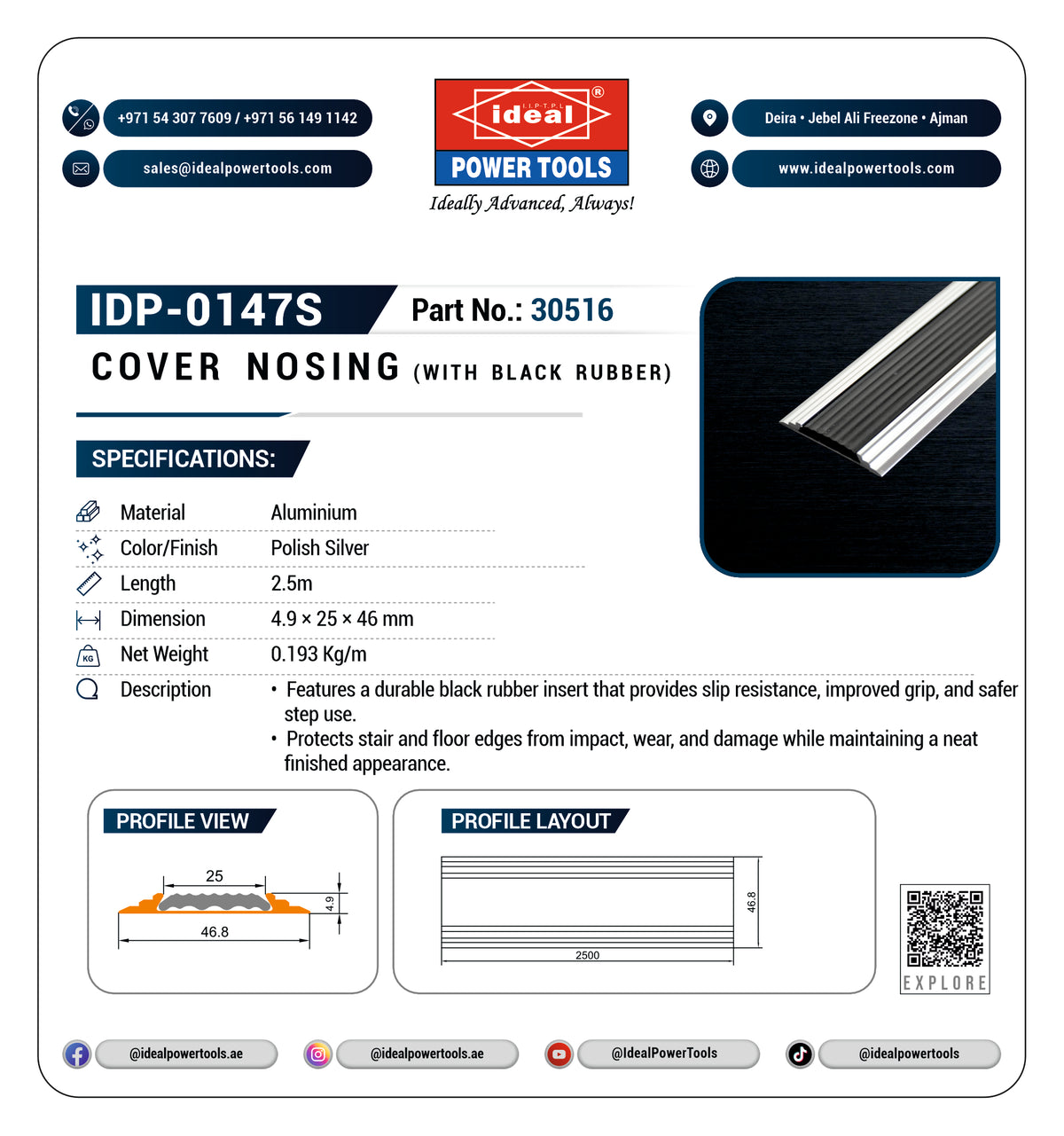 A product specification sheet for the Ideal Power Tools IDP-0147S Cover Nosings (with black rubber). The sheet features a product photo of a silver metal cover nosing with a black rubber insert, alongside detailed specifications, profile and layout diagrams, and contact information for Ideal Power Tools.