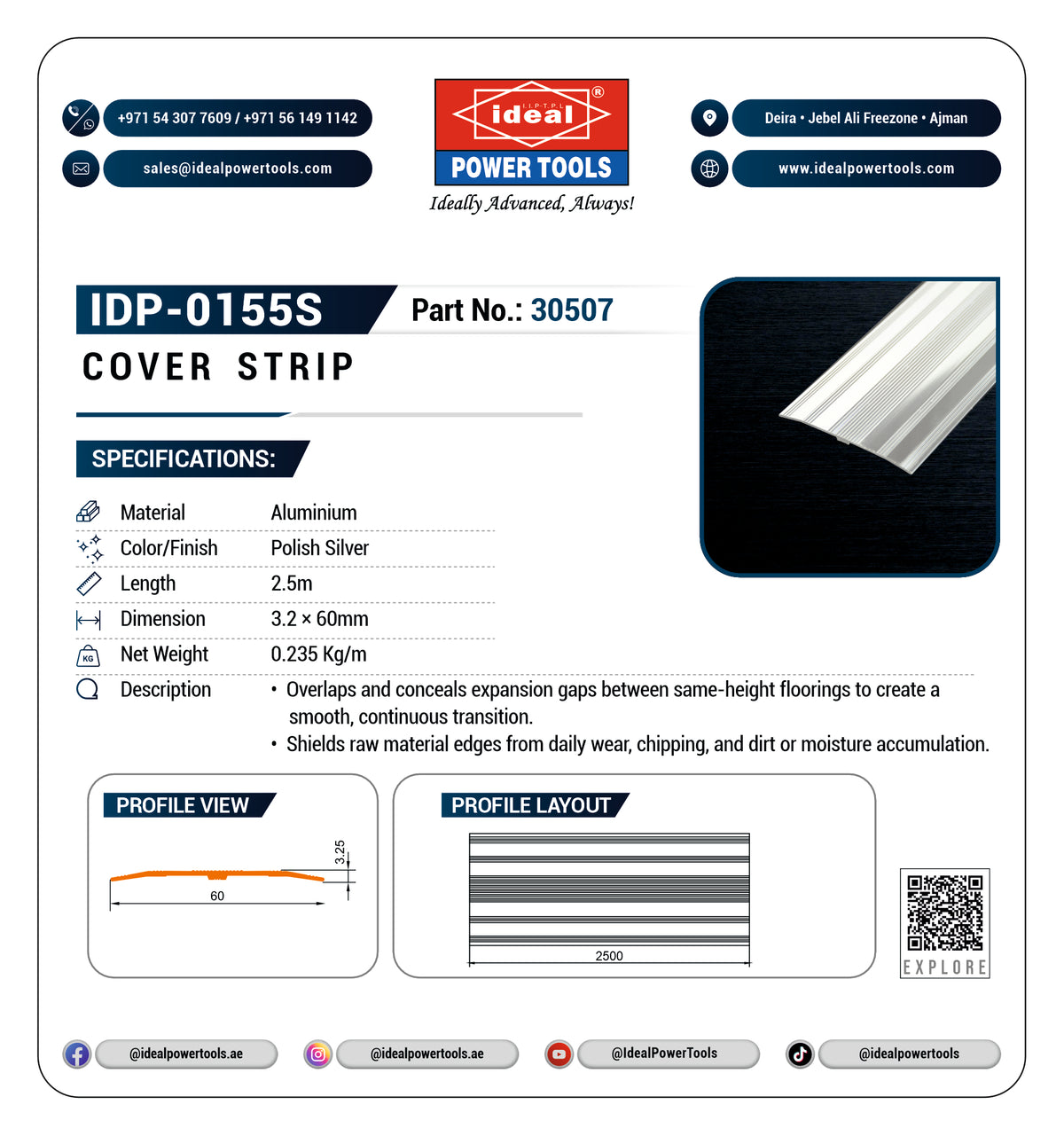 A product information card for an Ideal Power Tools cover strip, part IDP-0155S. The card features the Ideal Power Tools logo and specifications.