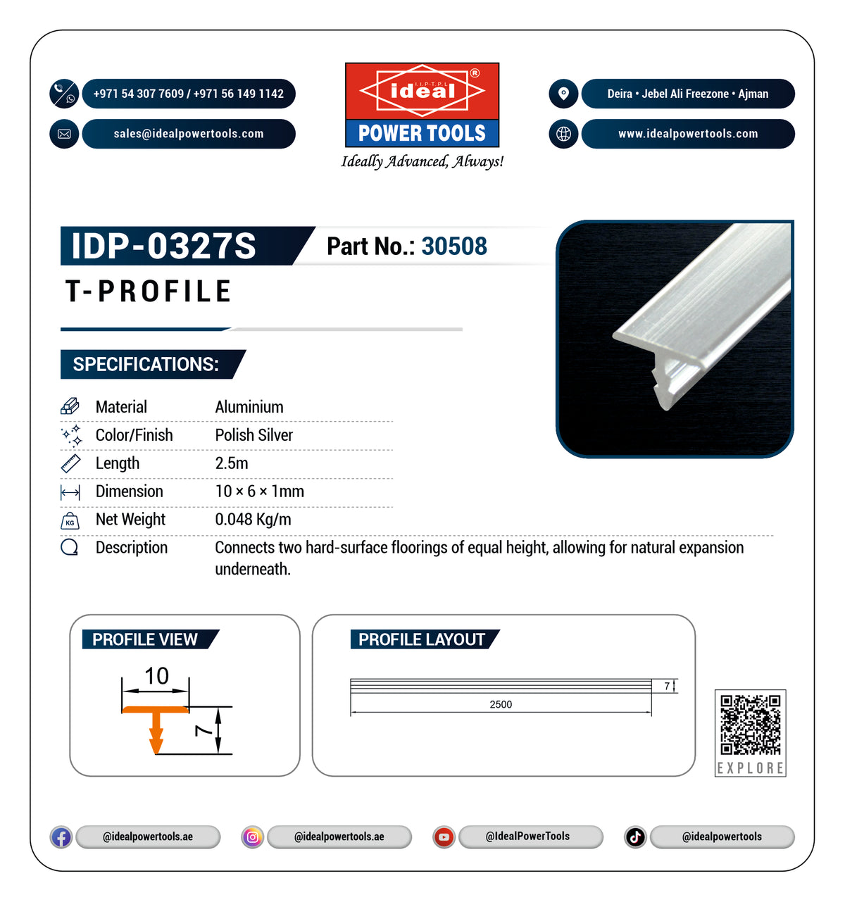 A technical specification sheet for an Ideal Power Tools T-Profile aluminum channel. The sheet features product specifications, profile and layout diagrams, a material swatch, and contact details for Ideal Power Tools on a white background.