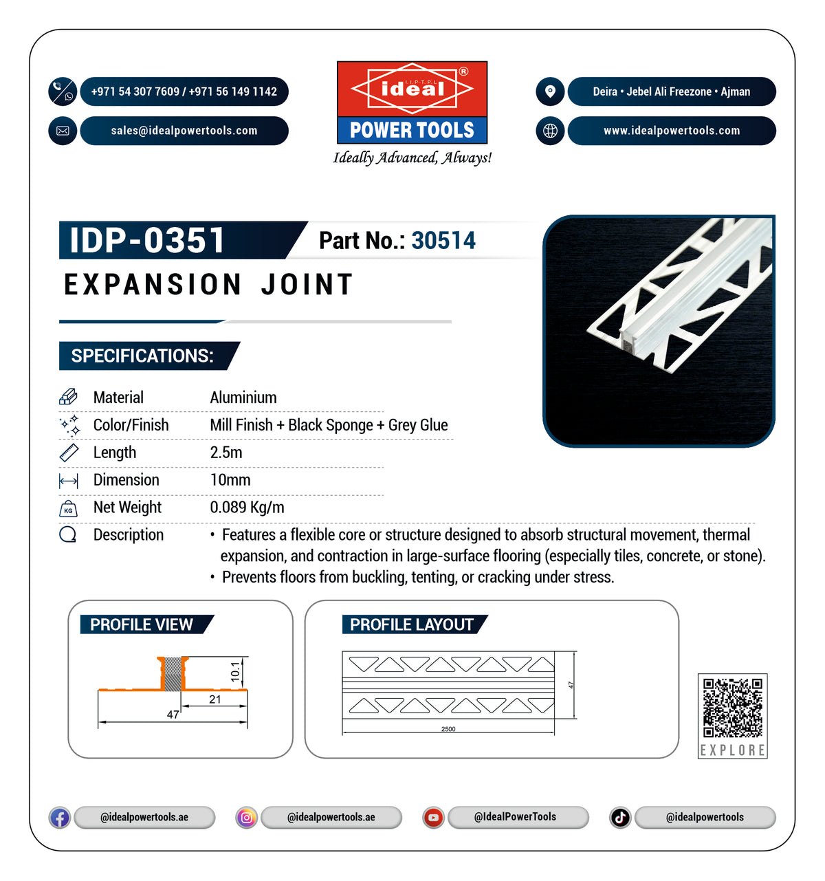 A product information card for an Ideal Power Tools Expansion Joint (IDP-0351, Part No. 30514).