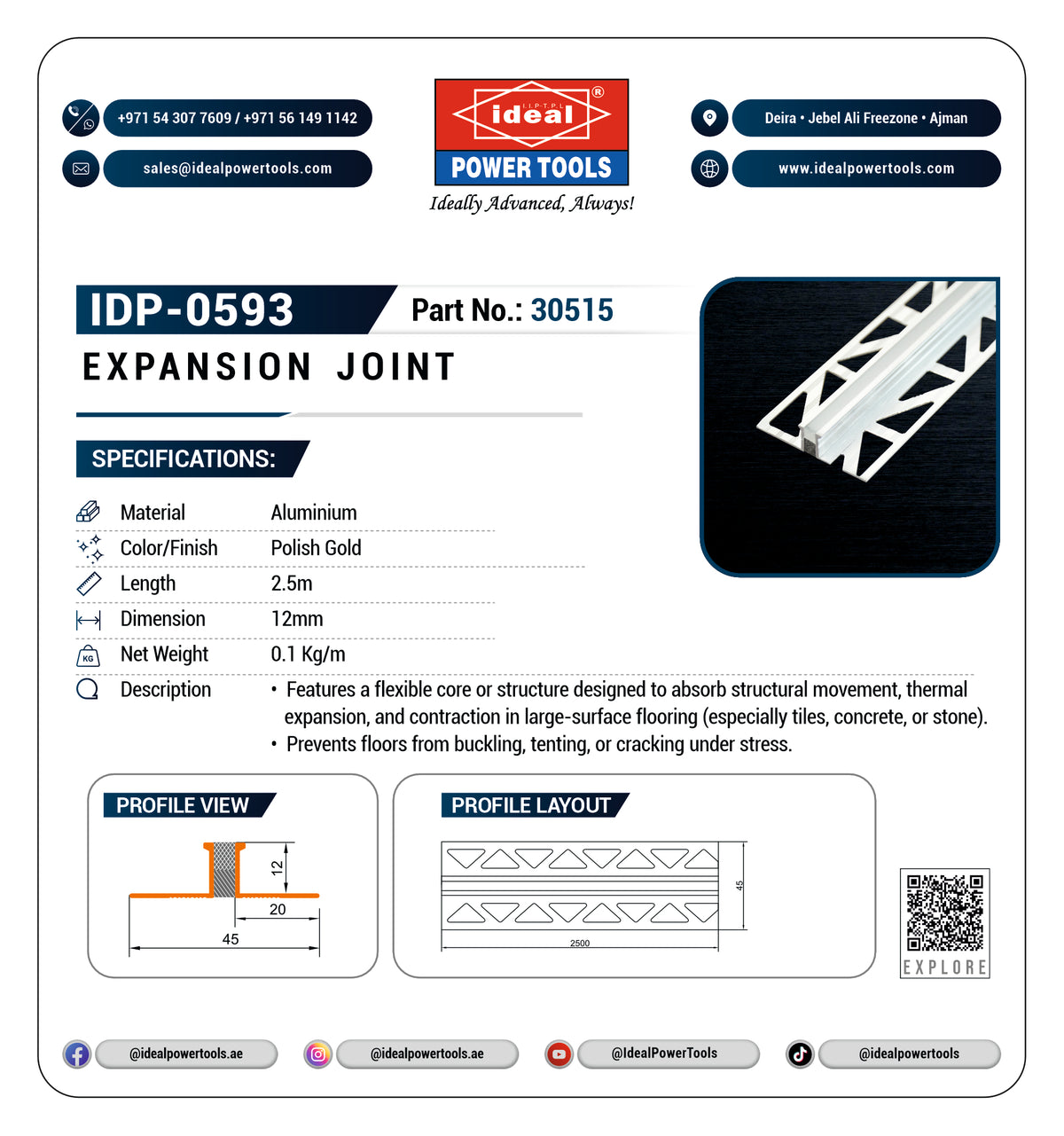 A product information card for an Ideal Power Tools Expansion Joint (IDP-0593, Part No. 30515).