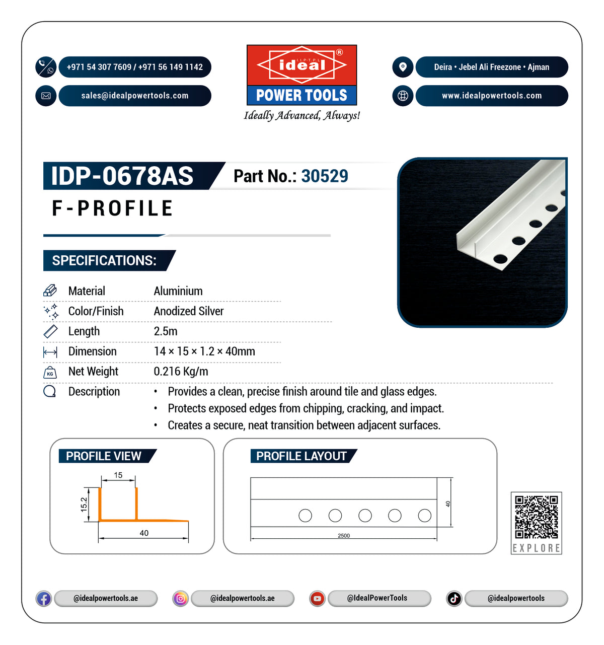 Technical specification sheet for the Ideal Power Tools IDP-0678AS Cover Strip, showing product details, dimensions, profile views, and a small product photo of the silver aluminum strip.