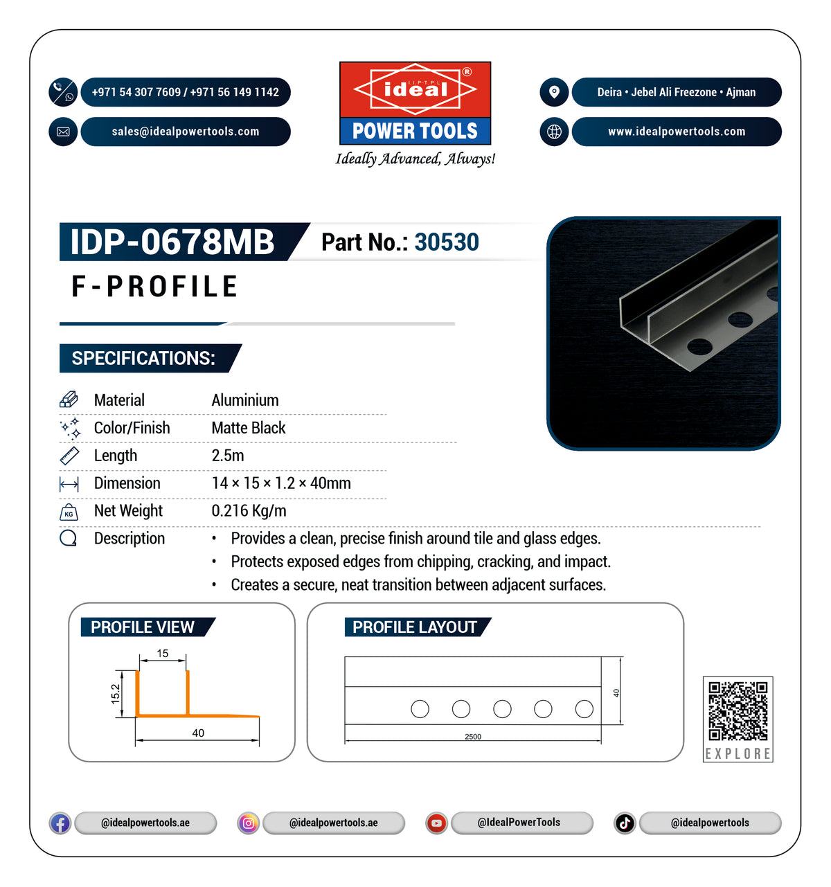 A technical specification sheet for an Ideal Power Tools F-Profile aluminum extrusion, model number IDP-0678MB. The sheet features product details, dimensions, weight, and profile layout diagrams alongside a color swatch of matte black aluminum.