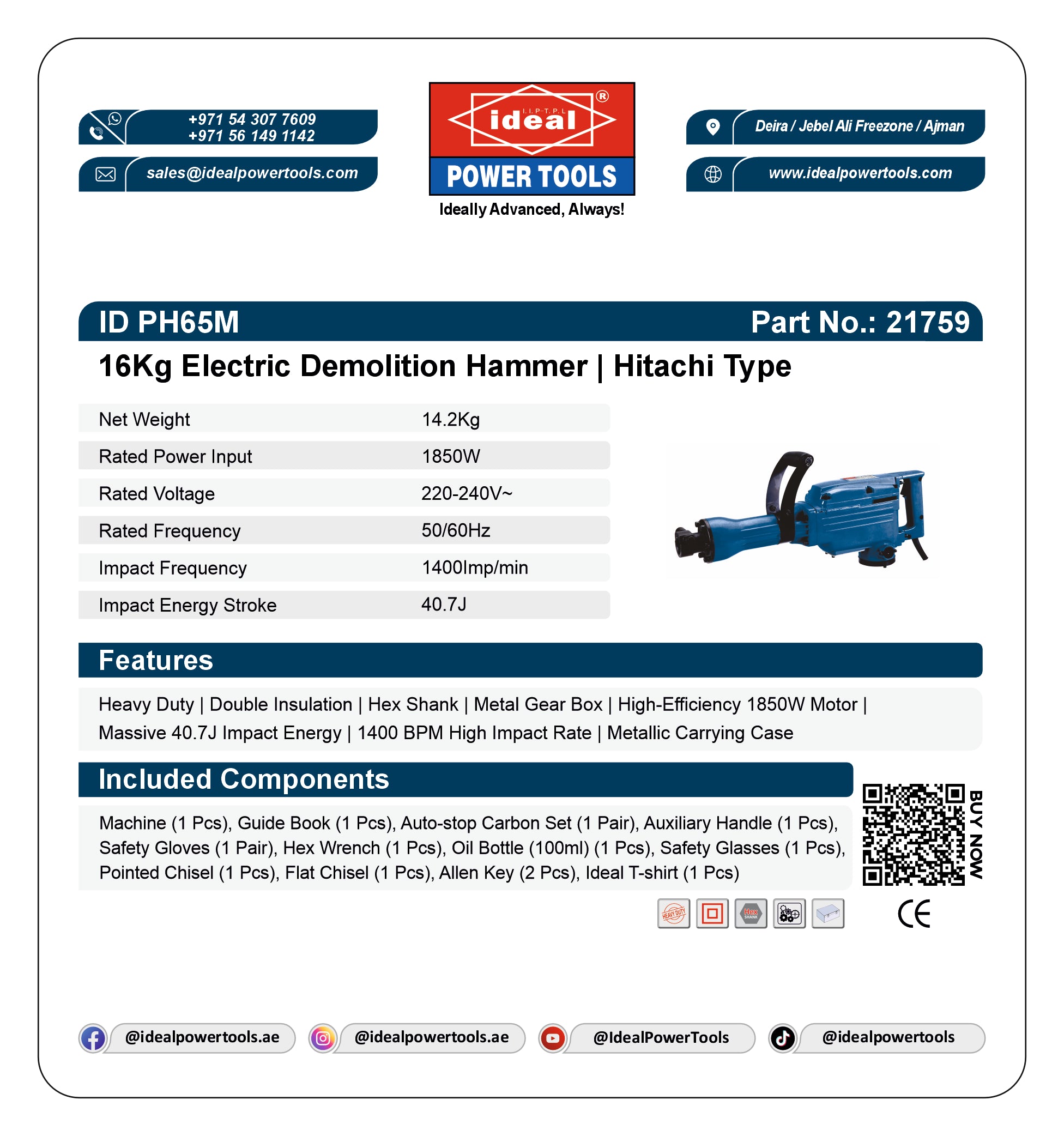 A product information card for an Ideal Power Tools 16kg Electric Demolition Hammer, Part No. 21759.