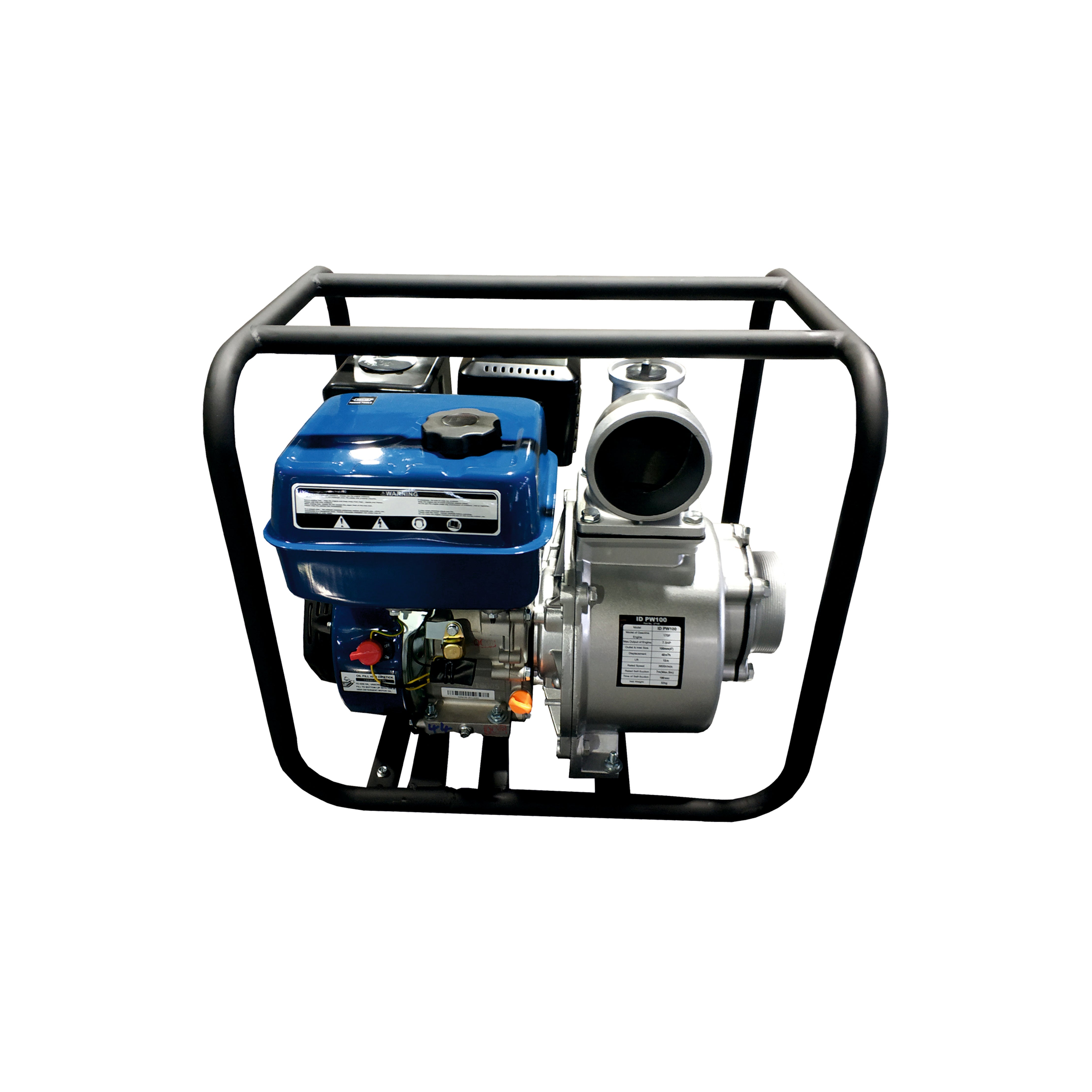 A gasoline water pump machine ID PW100 with a blue engine and silver metallic parts, including a black frame, designed for transferring water.