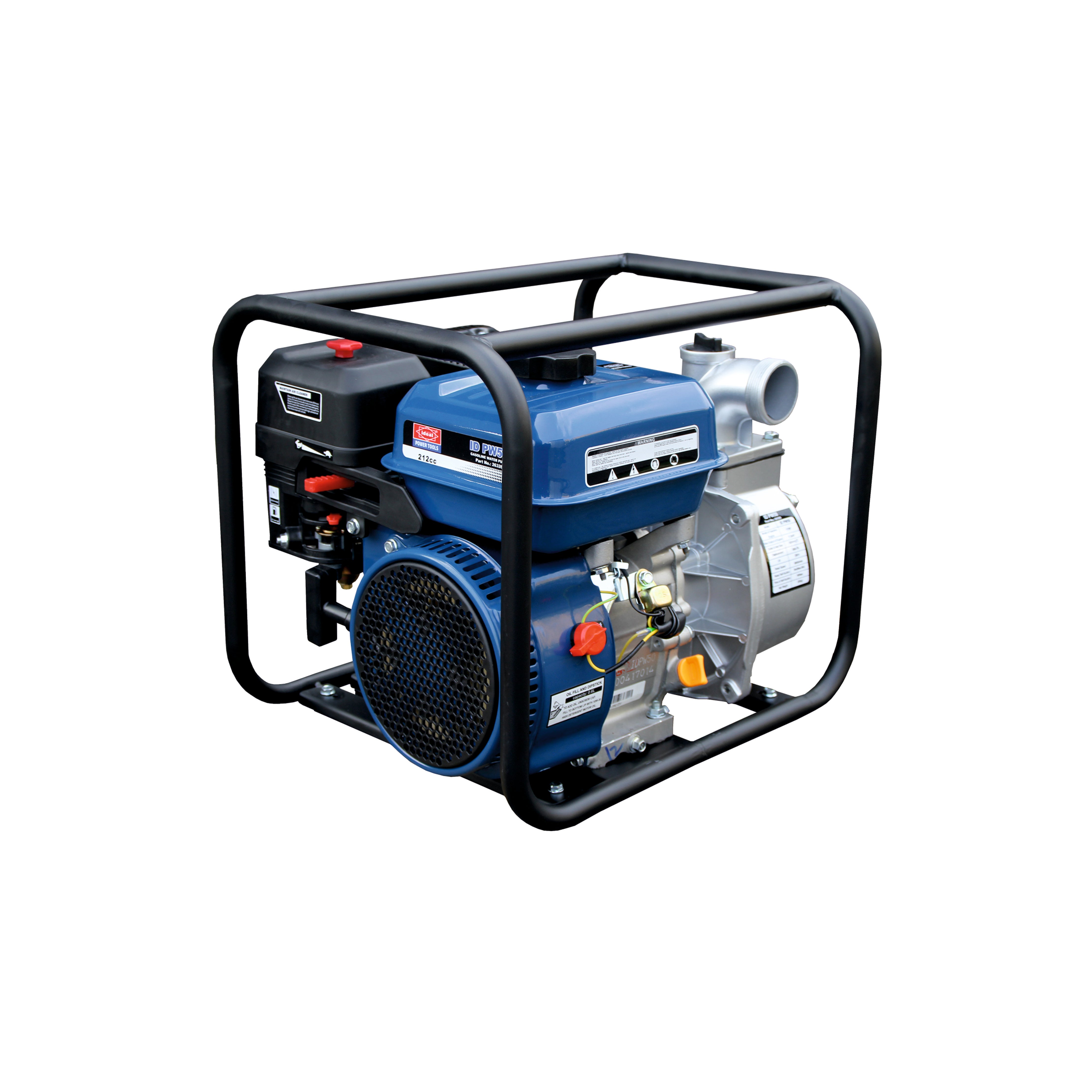 A blue and gray gasoline water pump machine ID PW50 with black handles and a metal frame.