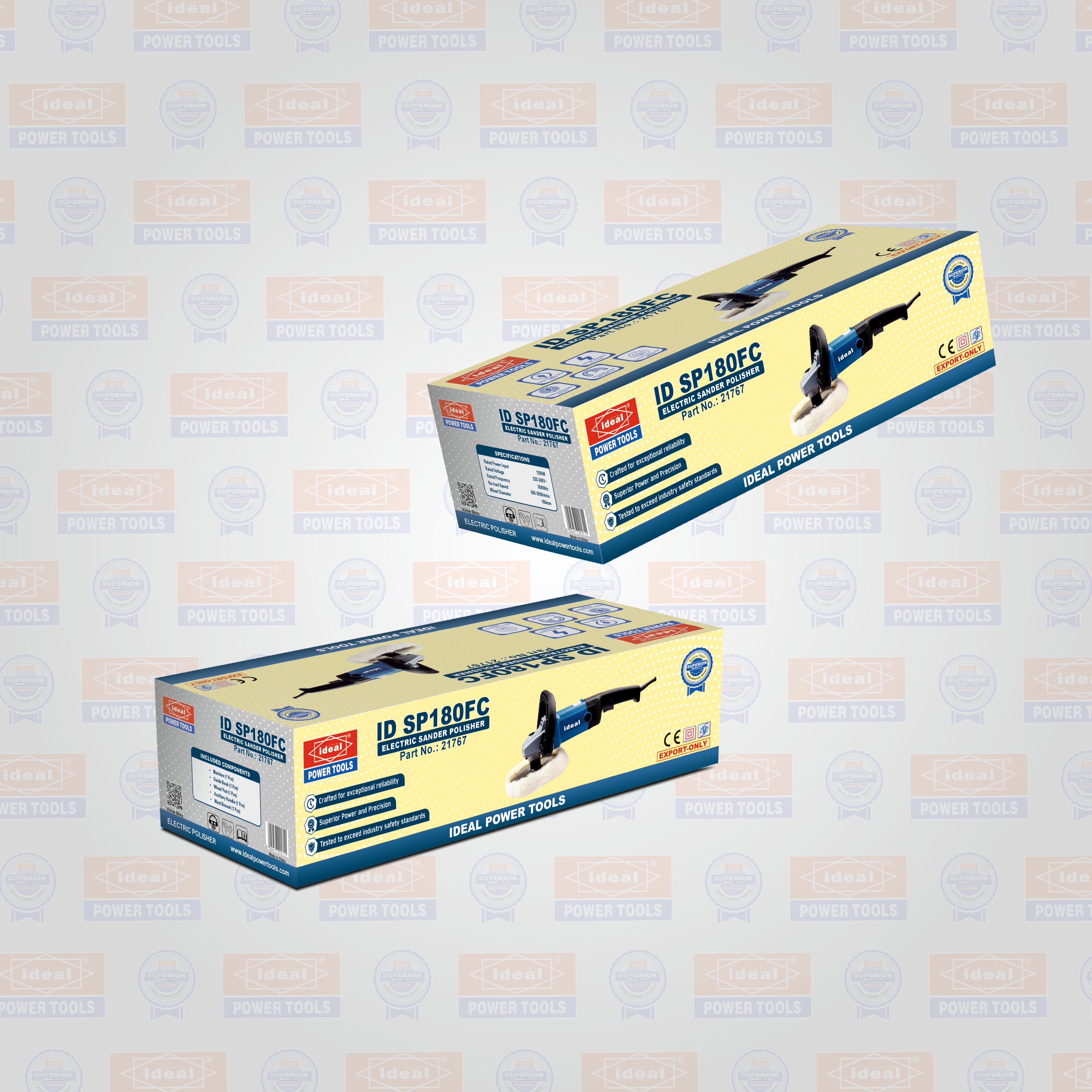 Two long product boxes for Electric polisher tool ID SP180FC shown on a light gray patterned background. The packaging is predominantly yellow with blue and red branding and an image of the tool on the side.